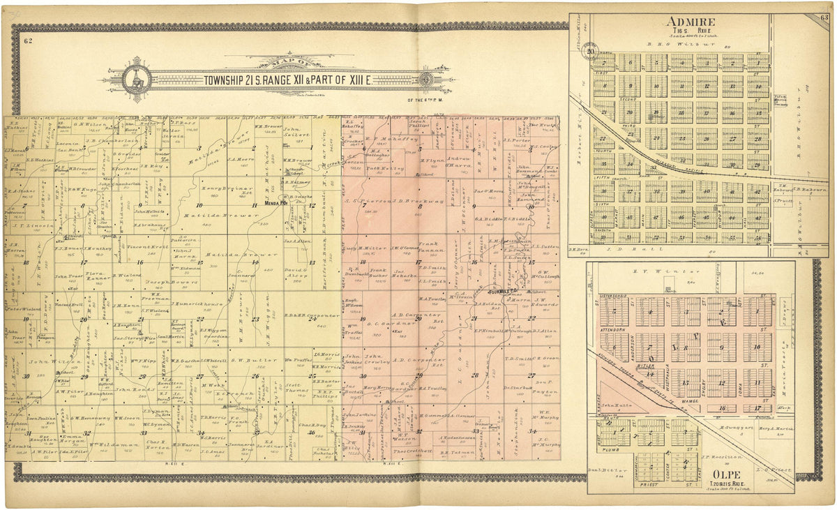 Map of Township 21 S. Range XII &amp; Part of XIII E. from Standard Atlas of Lyon County, Kansas 1901 by Relic Map Company