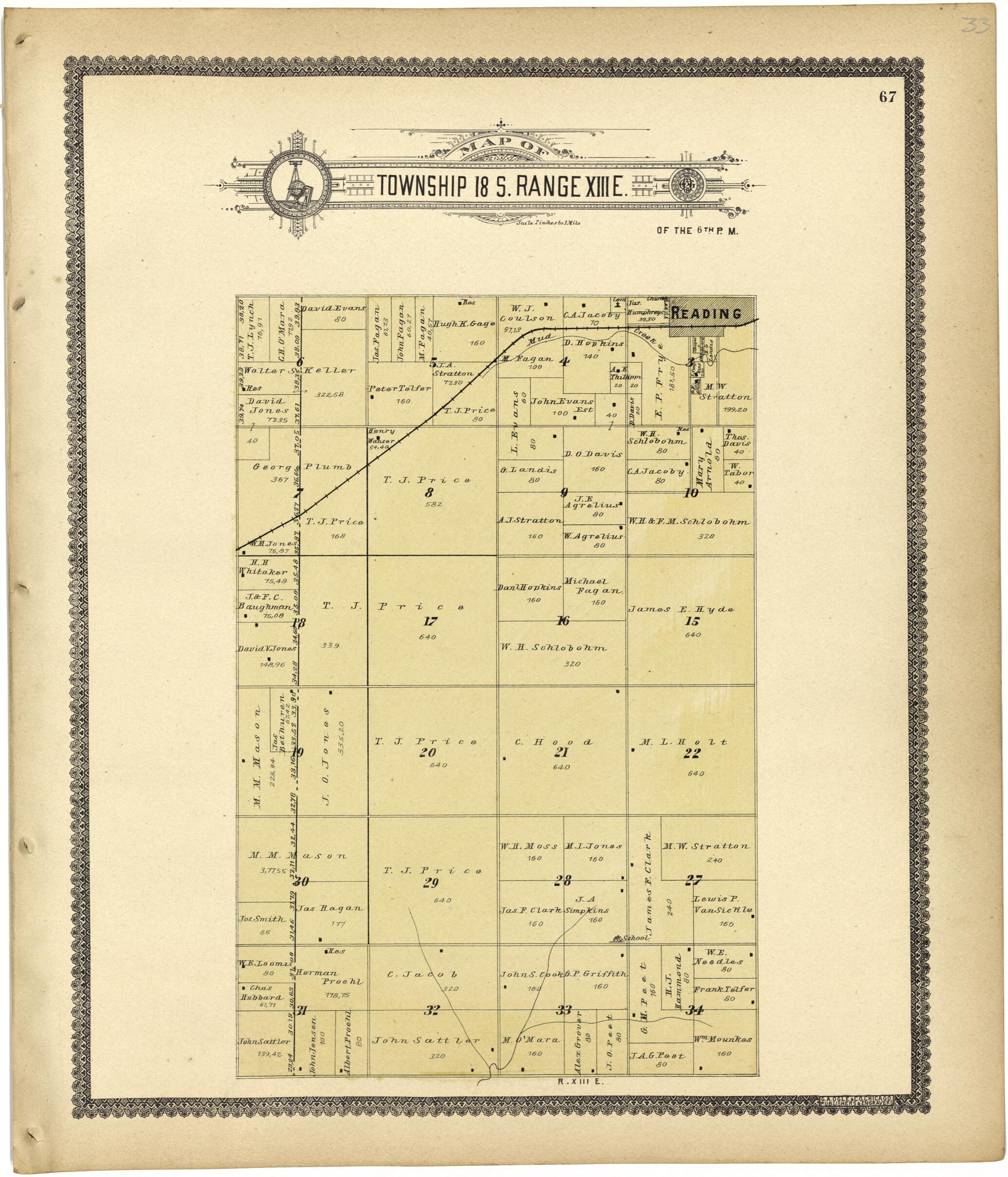 This old map of Map of Township 18 S. Range XIII E. from Standard Atlas of Lyon County, Kansas from 1901 was created by  Geo. A. Ogle &amp; Co in 1901