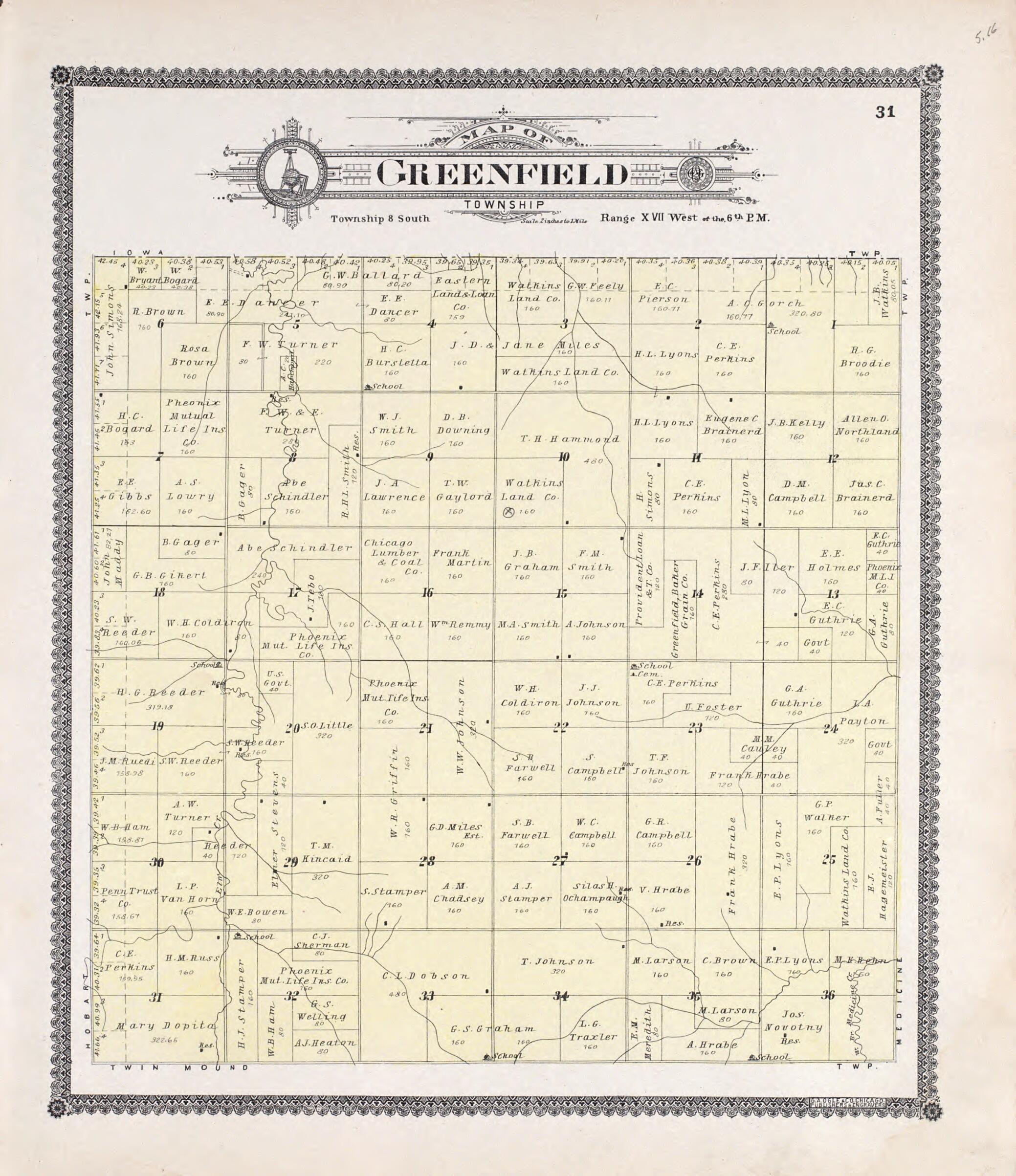 This old map of Greenfield from Standard Atlas of Rooks County, Kansas from 1904 was created by  Geo. A. Ogle &amp; Co in 1904