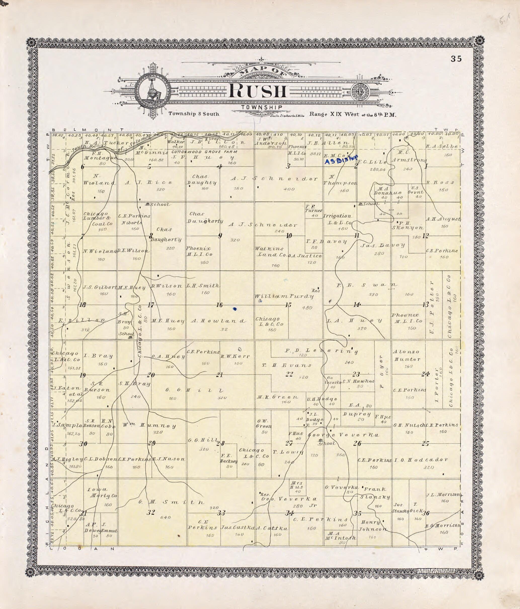 This old map of Rush from Standard Atlas of Rooks County, Kansas from 1904 was created by  Geo. A. Ogle &amp; Co in 1904