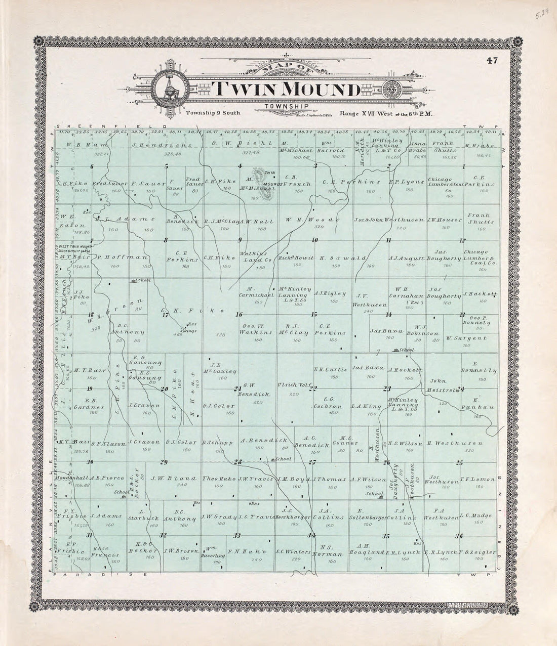 This old map of Twin Mound from Standard Atlas of Rooks County, Kansas from 1904 was created by  Geo. A. Ogle &amp; Co in 1904