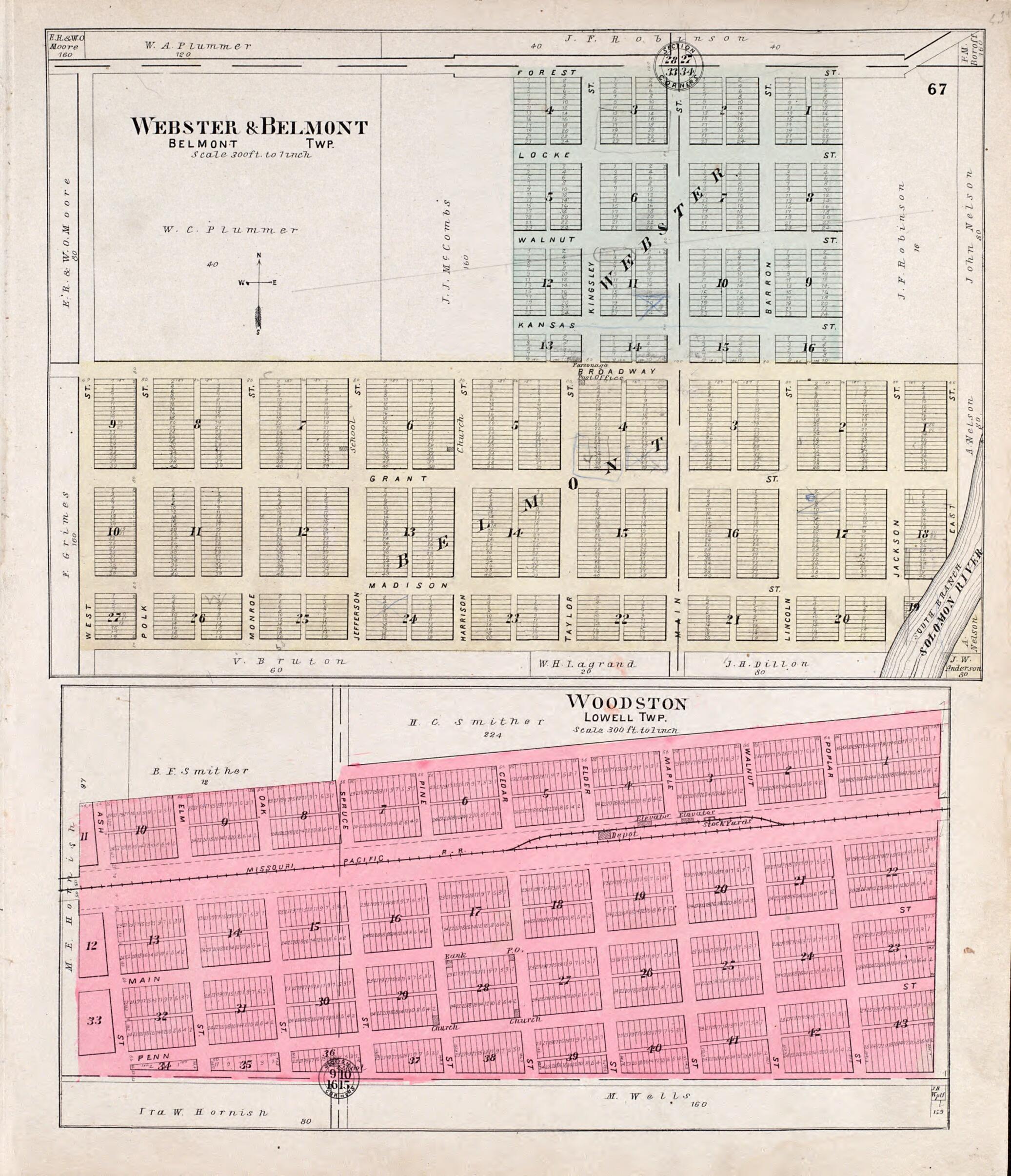 This old map of Webster &amp; Belmont, Woodston from Standard Atlas of Rooks County, Kansas from 1904 was created by  Geo. A. Ogle &amp; Co in 1904