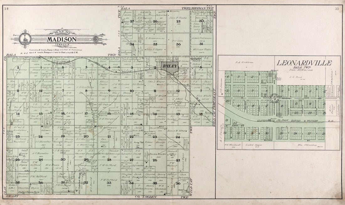 This old map of Map of Madison Township -- Leonardville from Standard Atlas of Riley County, Kansas from 1909 was created by  Geo. A. Ogle &amp; Co in 1909