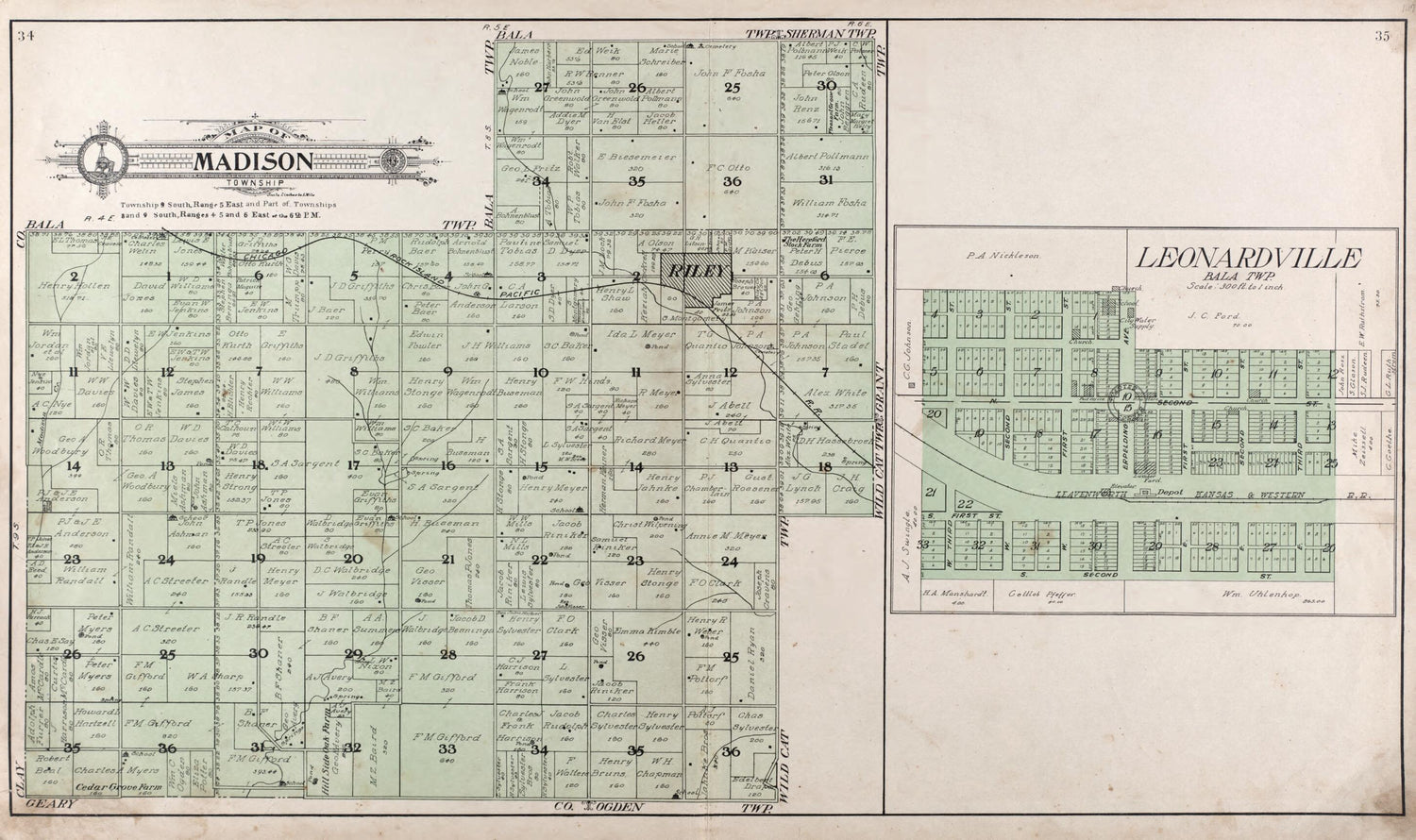 This old map of Map of Madison Township -- Leonardville from Standard Atlas of Riley County, Kansas from 1909 was created by  Geo. A. Ogle &amp; Co in 1909