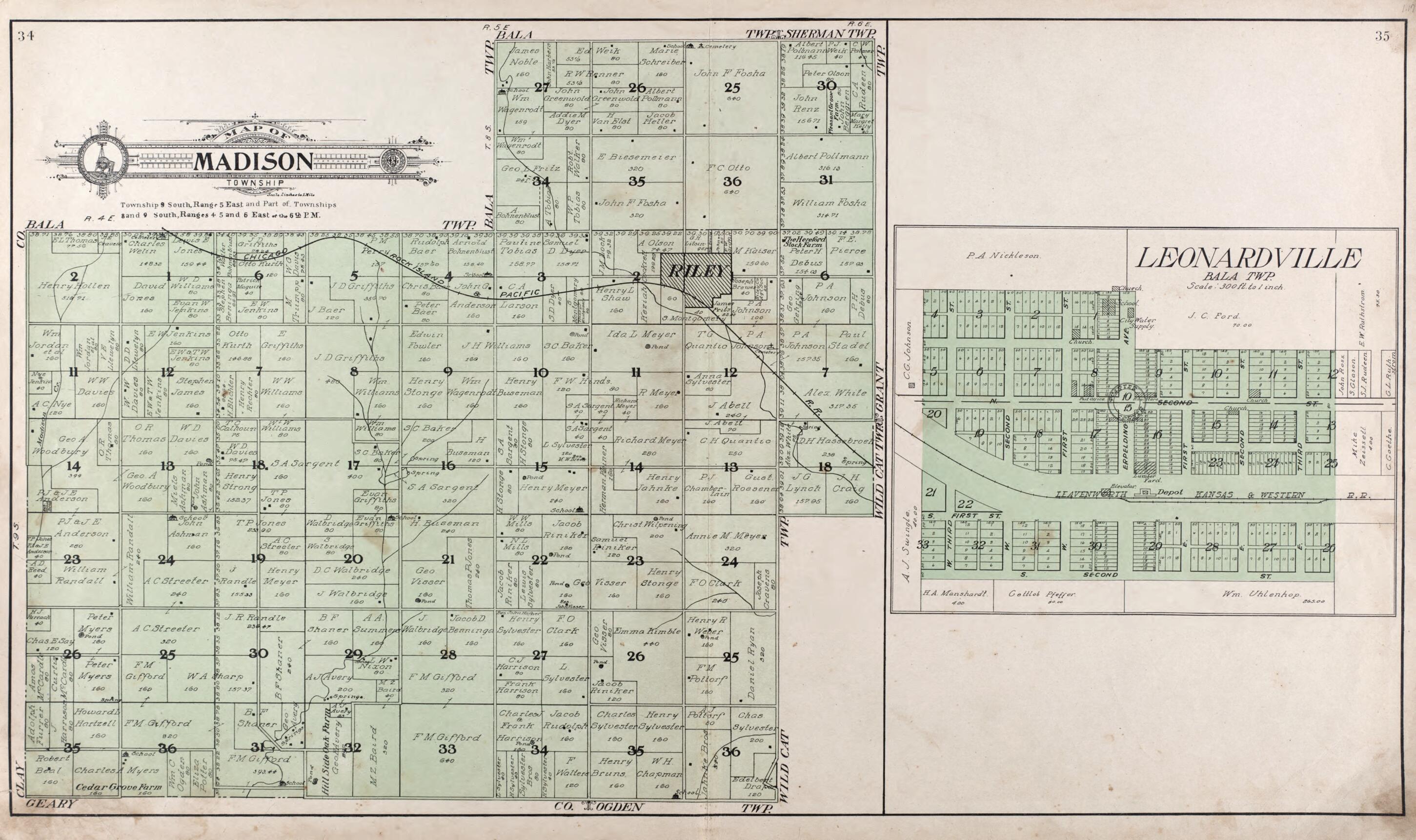 This old map of Map of Madison Township -- Leonardville from Standard Atlas of Riley County, Kansas from 1909 was created by  Geo. A. Ogle &amp; Co in 1909