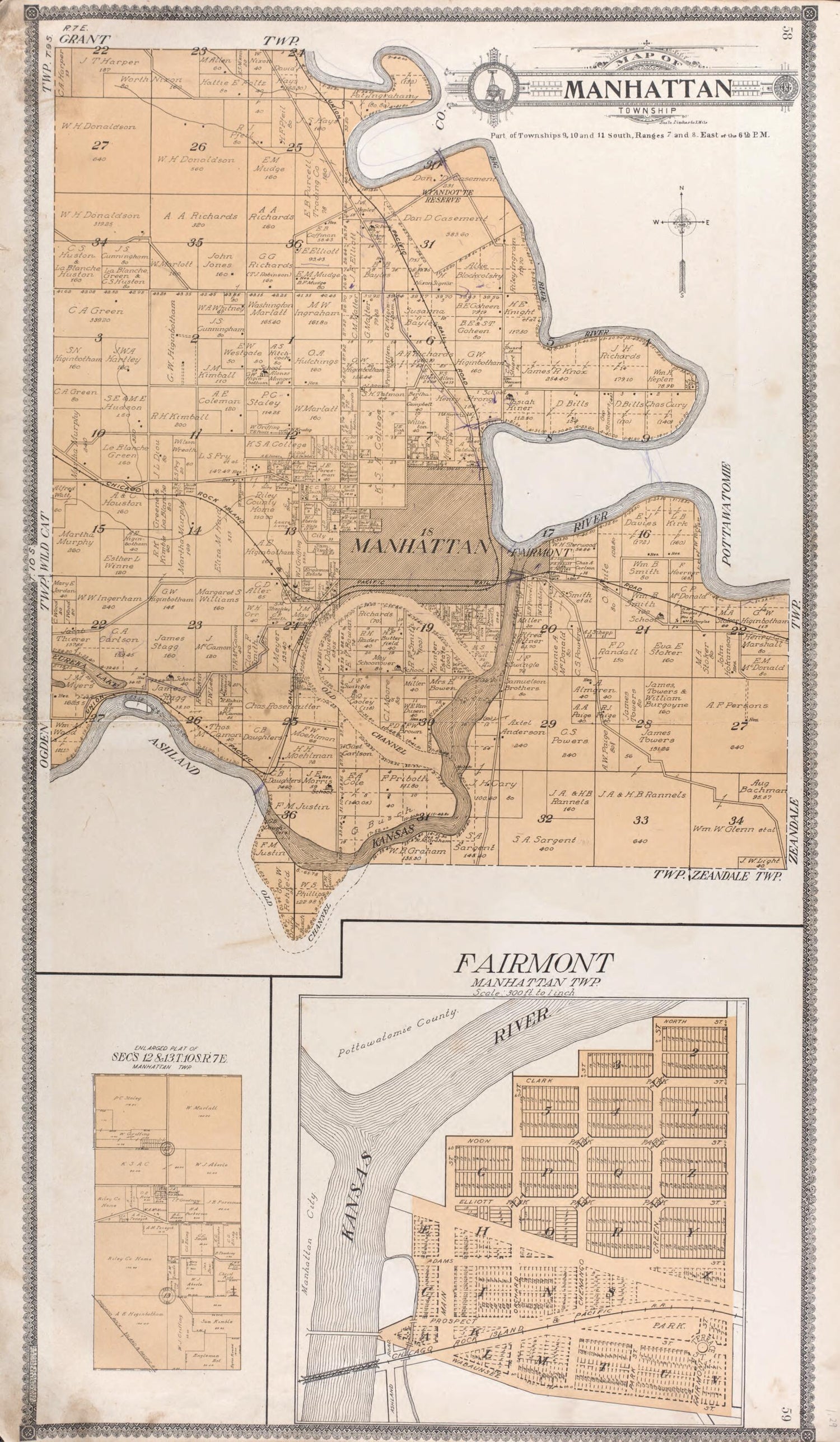 This old map of Map of Manhattan Township -- Fairmont from Standard Atlas of Riley County, Kansas from 1909 was created by  Geo. A. Ogle &amp; Co in 1909