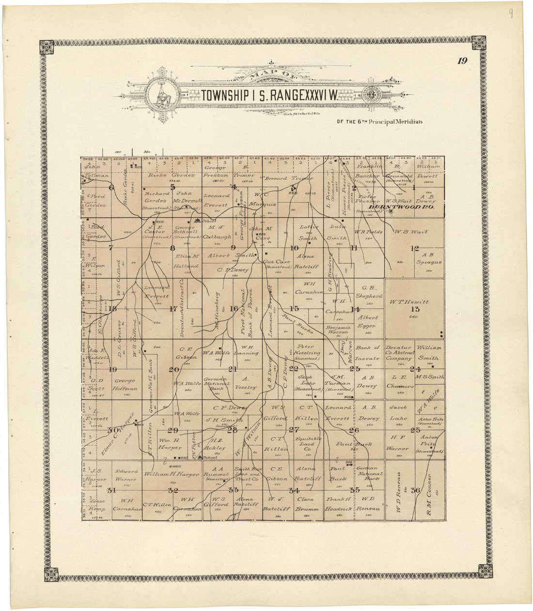 This old map of Map of Township 1 S. Range XXXVI W. from Standard Atlas of Rawlins County, Kansas from 1906 was created by  Geo. A. Ogle &amp; Co in 1906