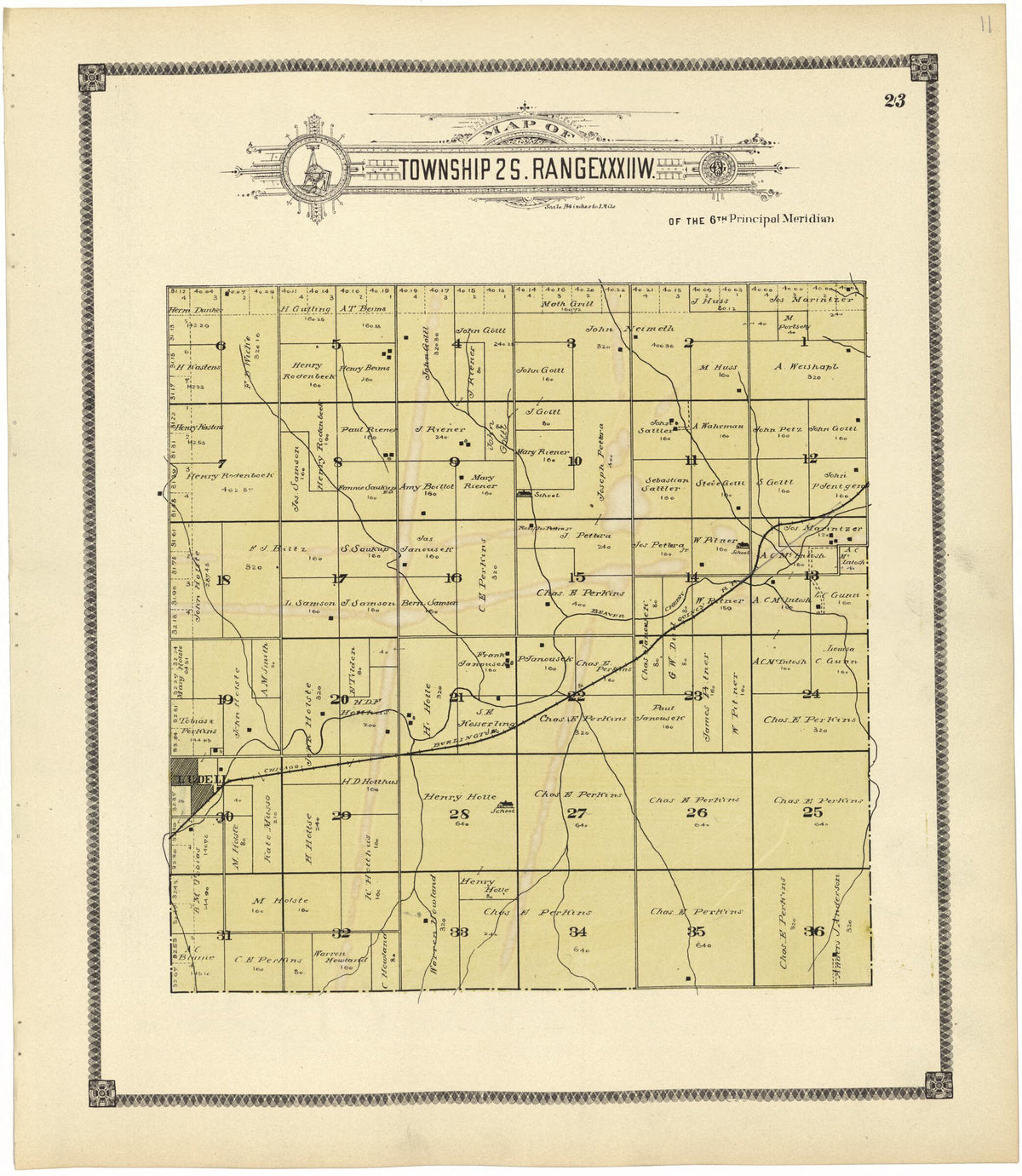 Map of Township 2 S. Range XXXII W. from Standard Atlas of Rawlins County, Kansas 1906 by Relic Map Company