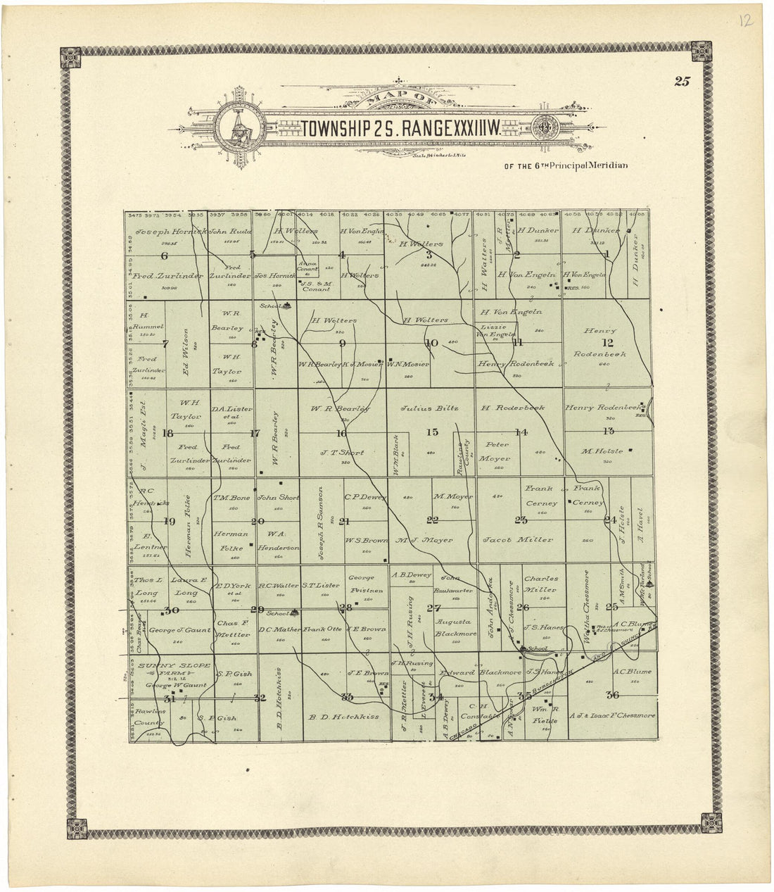 This old map of Map of Township 2 S. Range XXXIII W. from Standard Atlas of Rawlins County, Kansas from 1906 was created by  Geo. A. Ogle &amp; Co in 1906