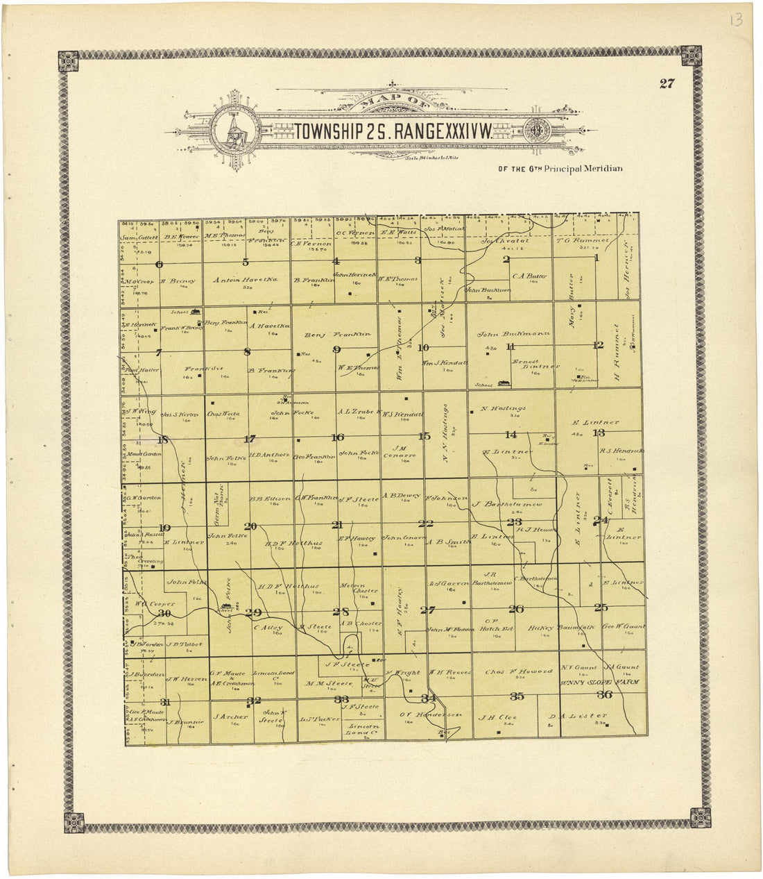 This old map of Map of Township 2 S. Range XXXIV W. from Standard Atlas of Rawlins County, Kansas from 1906 was created by  Geo. A. Ogle &amp; Co in 1906