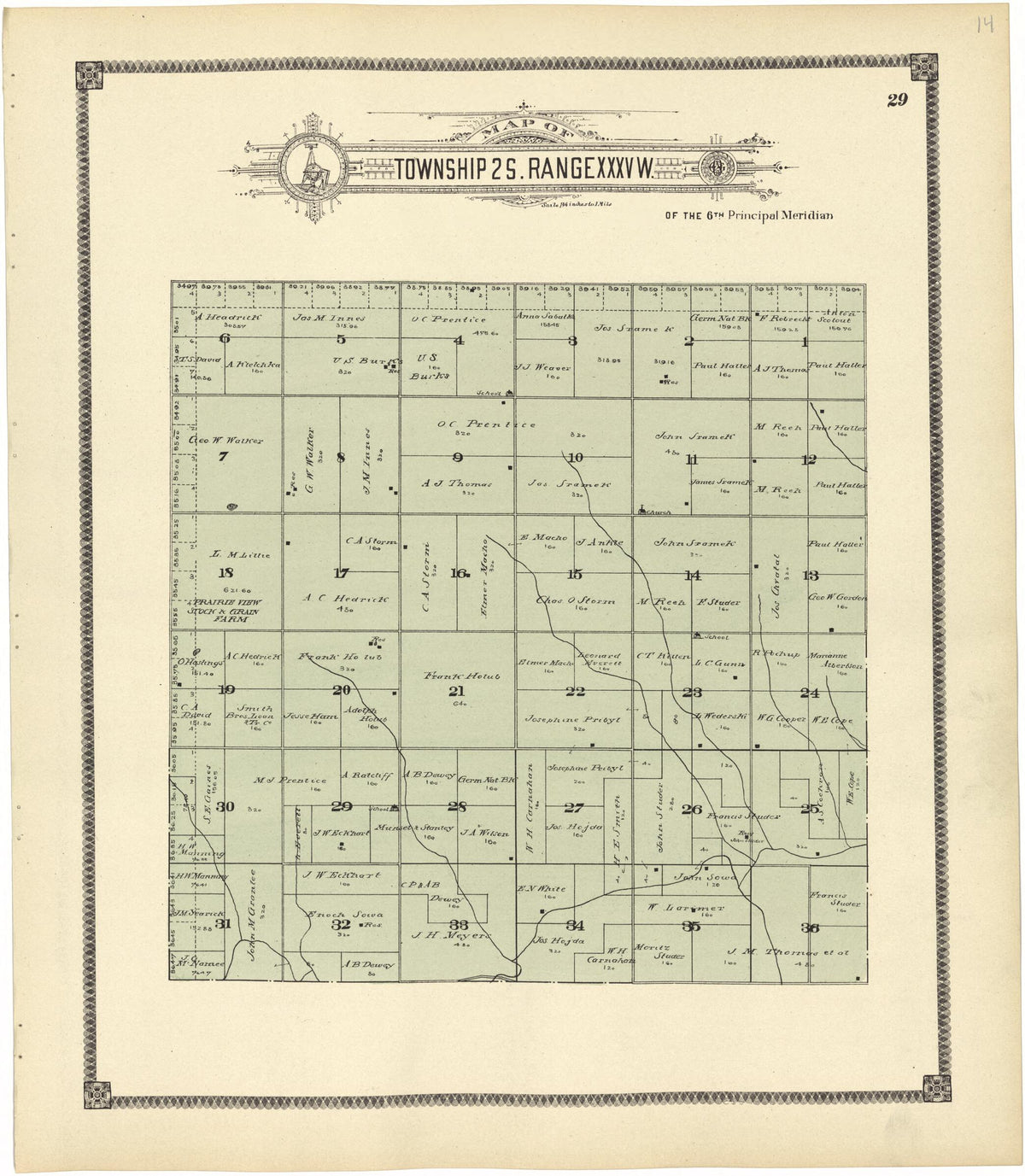 Map of Township 2 S. Range XXXV W. from Standard Atlas of Rawlins County, Kansas 1906 by Relic Map Company