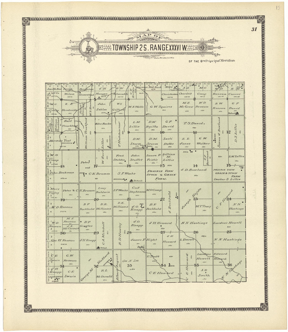 Map of Township 2 S. Range XXXVI W. from Standard Atlas of Rawlins County, Kansas 1906 by Relic Map Company