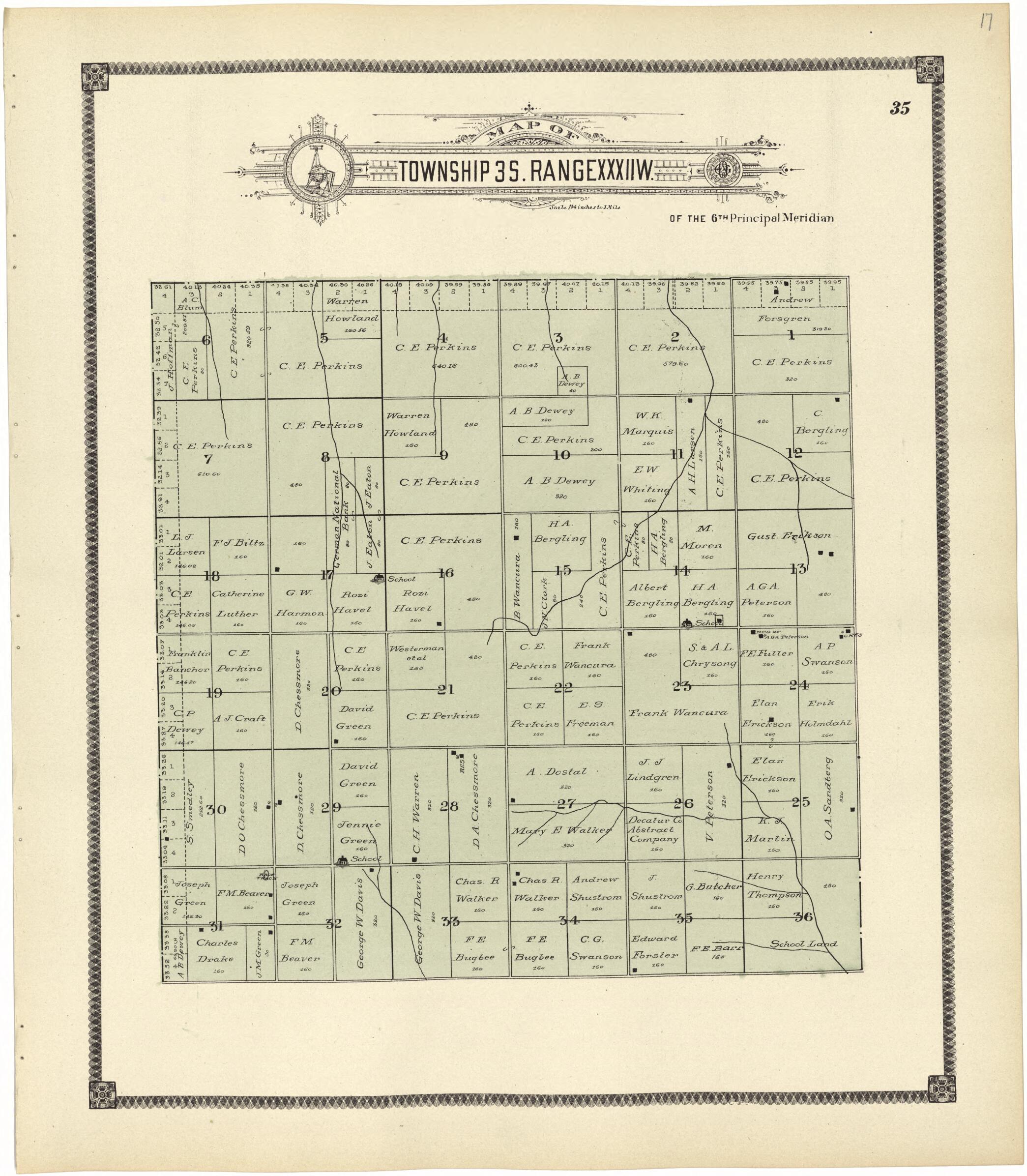 This old map of Map of Township 3 S. Range XXXII W. from Standard Atlas of Rawlins County, Kansas from 1906 was created by  Geo. A. Ogle &amp; Co in 1906