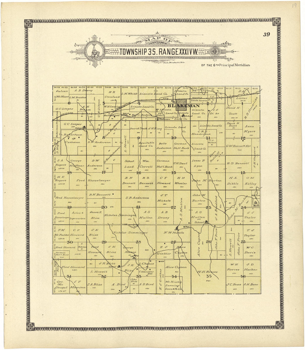 Map of Township 3 S. Range XXXIV W. from Standard Atlas of Rawlins County, Kansas 1906 by Relic Map Company