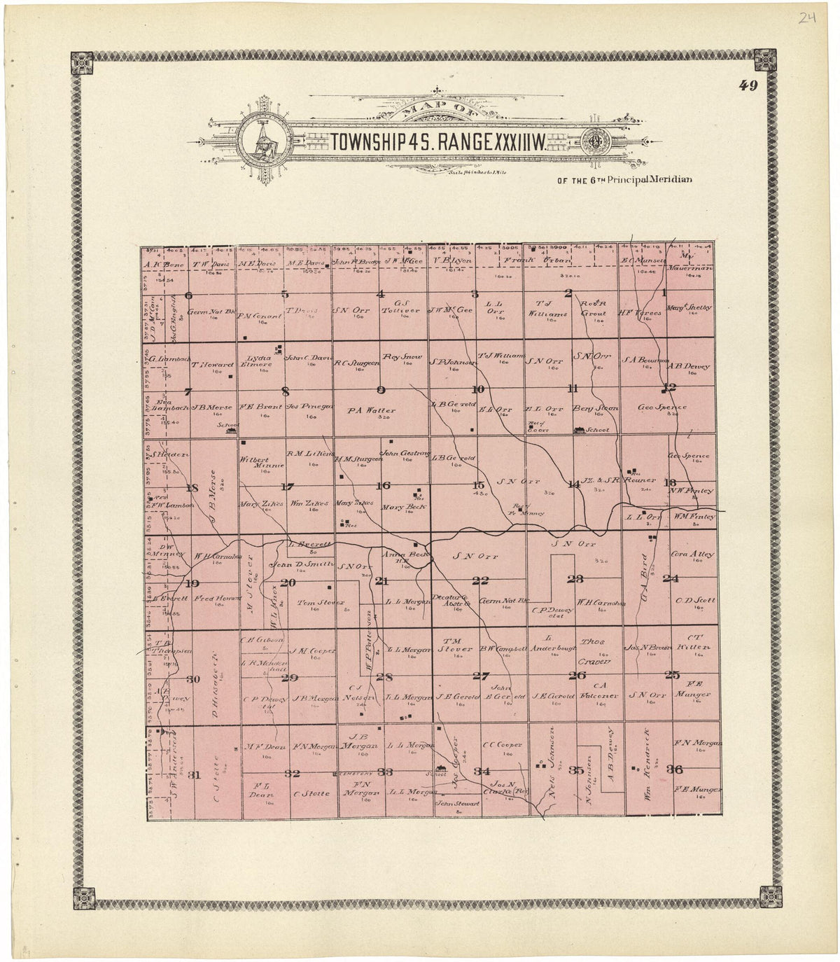 Map of Township 4 S. Range XXXIII W. from Standard Atlas of Rawlins County, Kansas 1906 by Relic Map Company