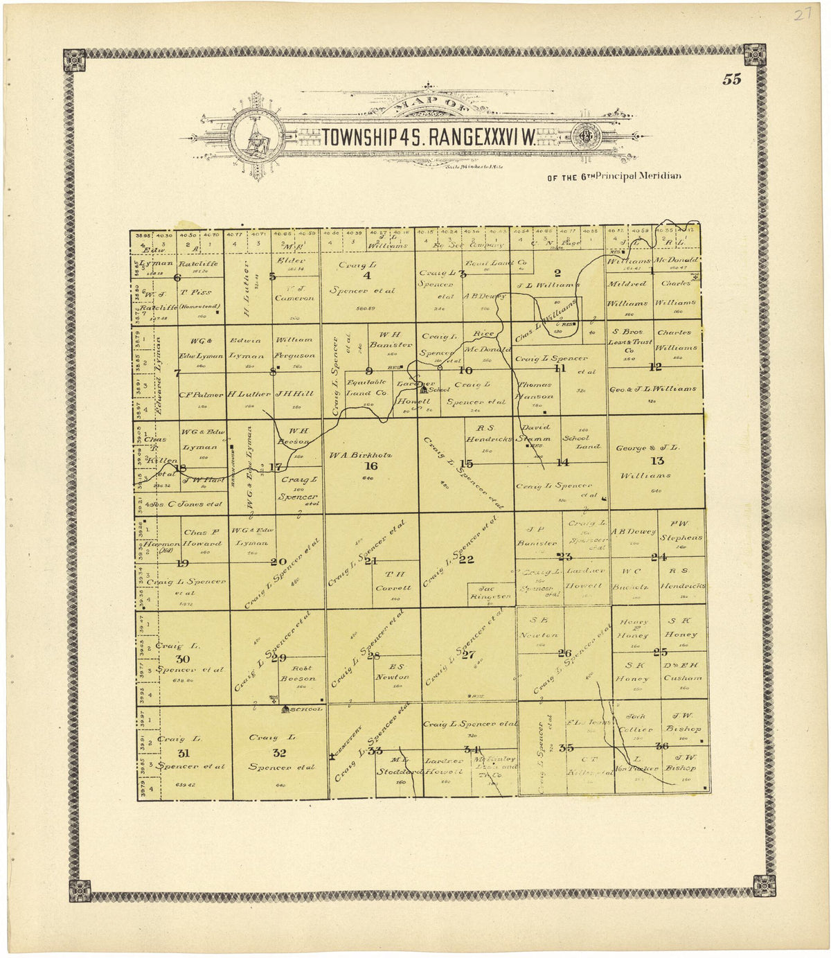 Map of Township 4 S. Range XXXVI W. from Standard Atlas of Rawlins County, Kansas 1906 by Relic Map Company