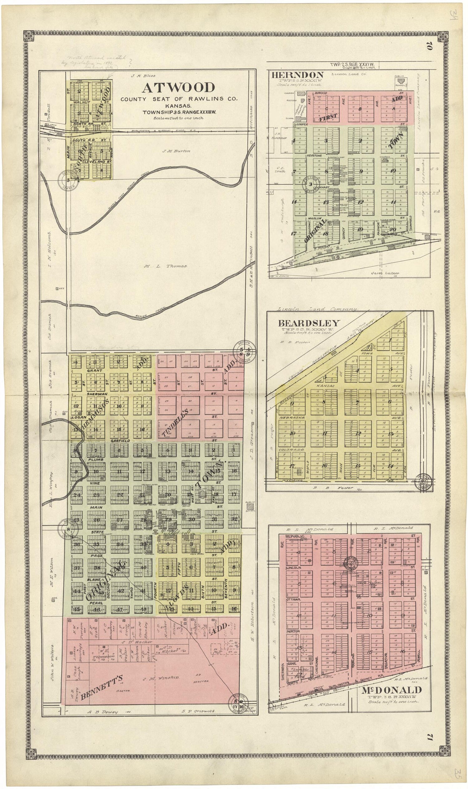 This old map of Atwood from Standard Atlas of Rawlins County, Kansas from 1906 was created by  Geo. A. Ogle &amp; Co in 1906