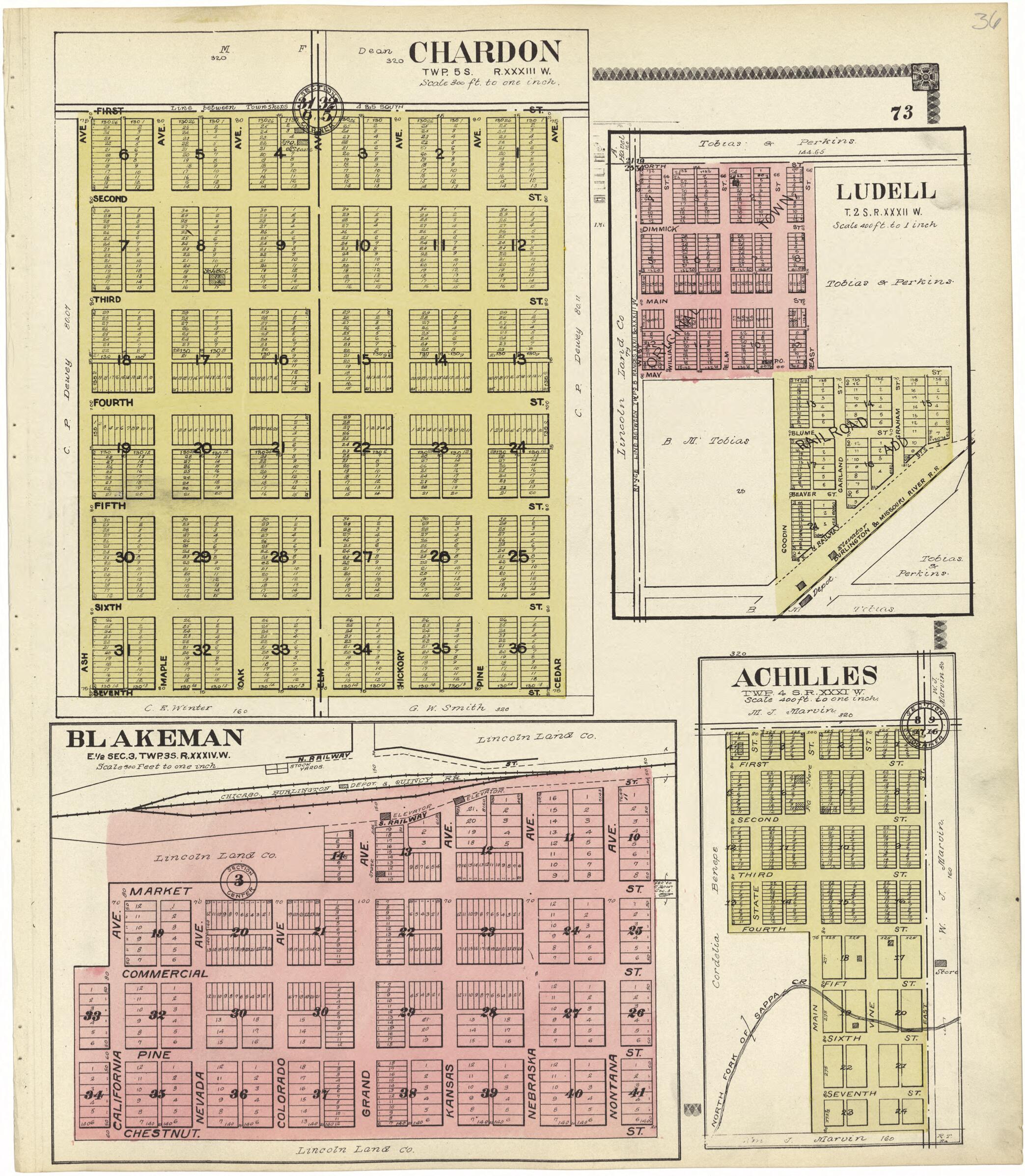 This old map of Chardon; Ludell; Blakeman; Achilles from Standard Atlas of Rawlins County, Kansas from 1906 was created by  Geo. A. Ogle &amp; Co in 1906