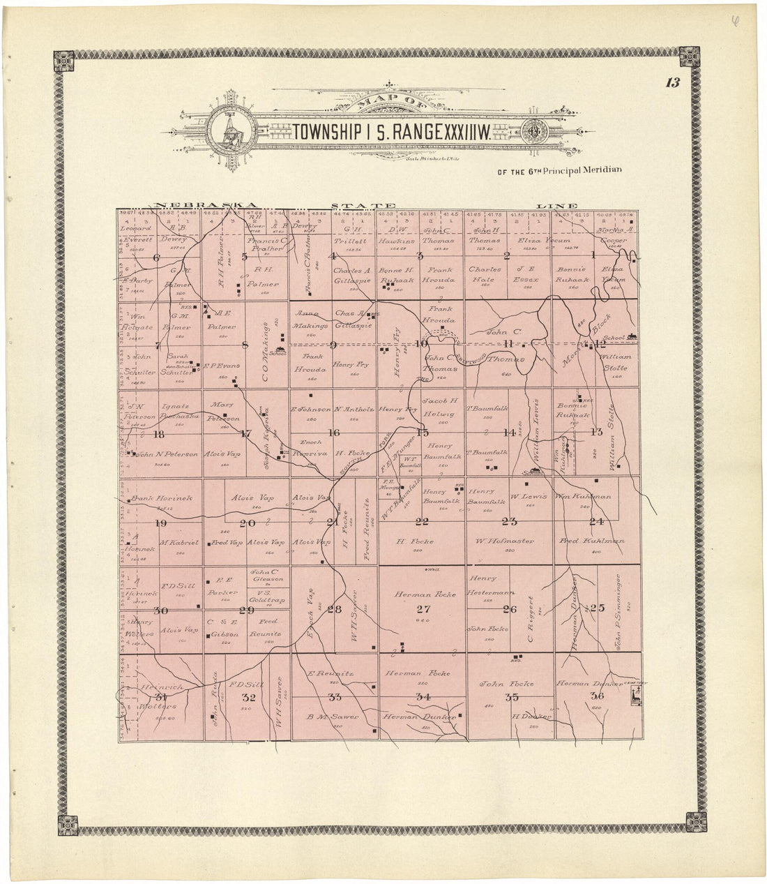 This old map of Map of Township 1 S. Range XXXIII W. from Standard Atlas of Rawlins County, Kansas from 1906 was created by  Geo. A. Ogle &amp; Co in 1906