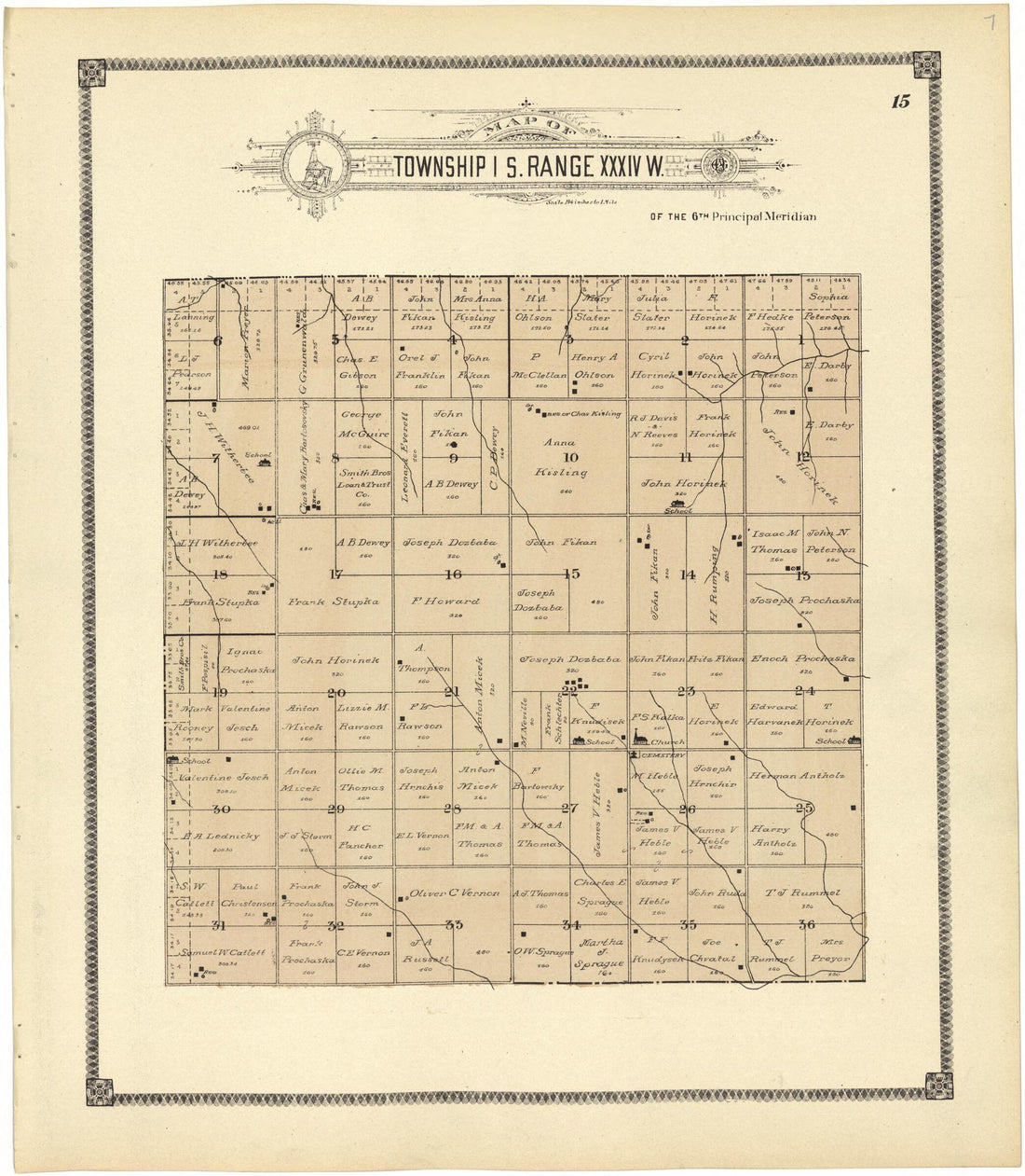 This old map of Map of Township 1 S. Range XXXIV W. from Standard Atlas of Rawlins County, Kansas from 1906 was created by  Geo. A. Ogle &amp; Co in 1906