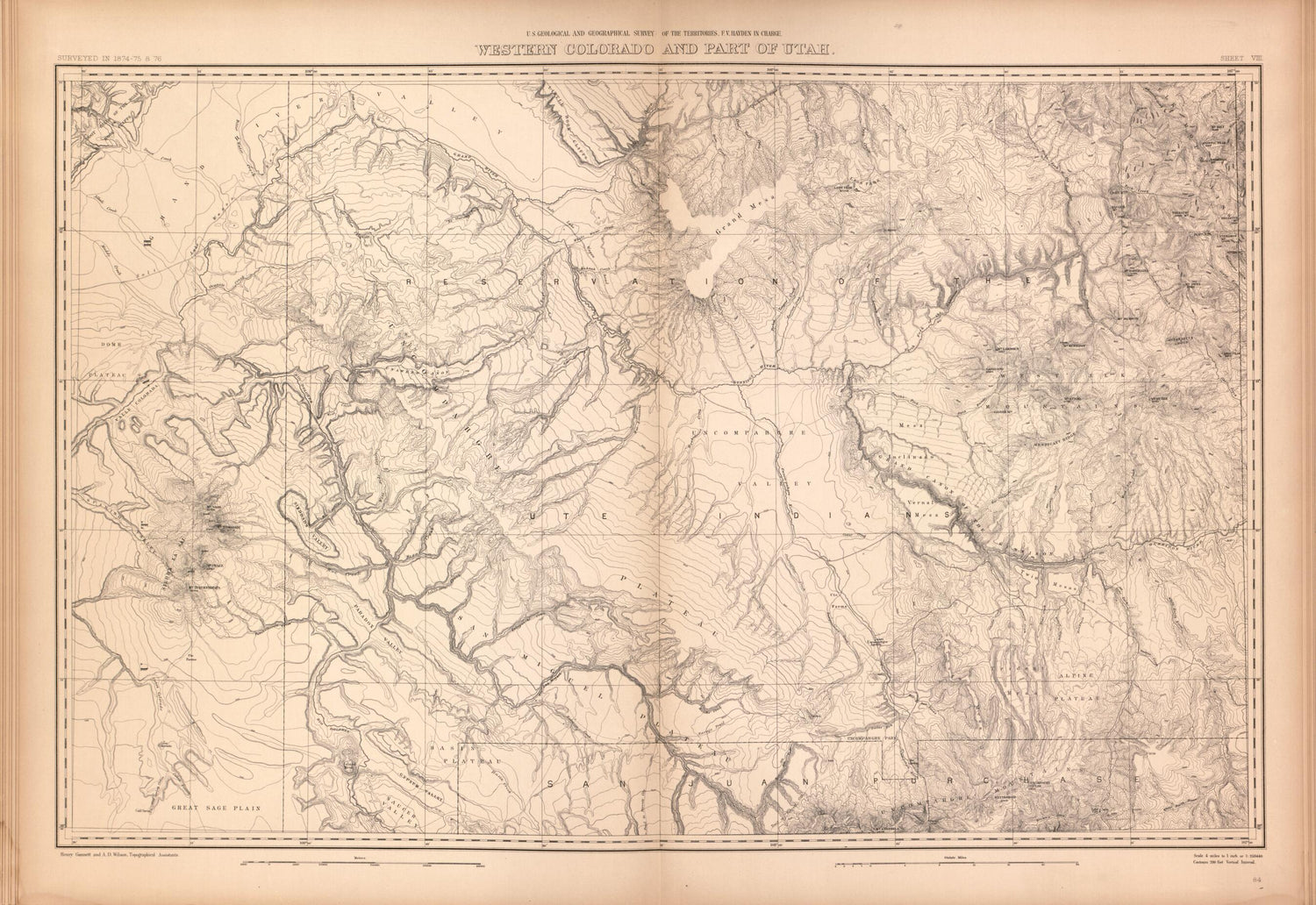 This old map of Sheet VIII: Western Colorado and Part of Utah from Geological and Geographical Atlas of Colorado and Portions of Adjacent Territory, from 1877 was created by F. V. (Ferdinand Vandeveer) Hayden in 1877