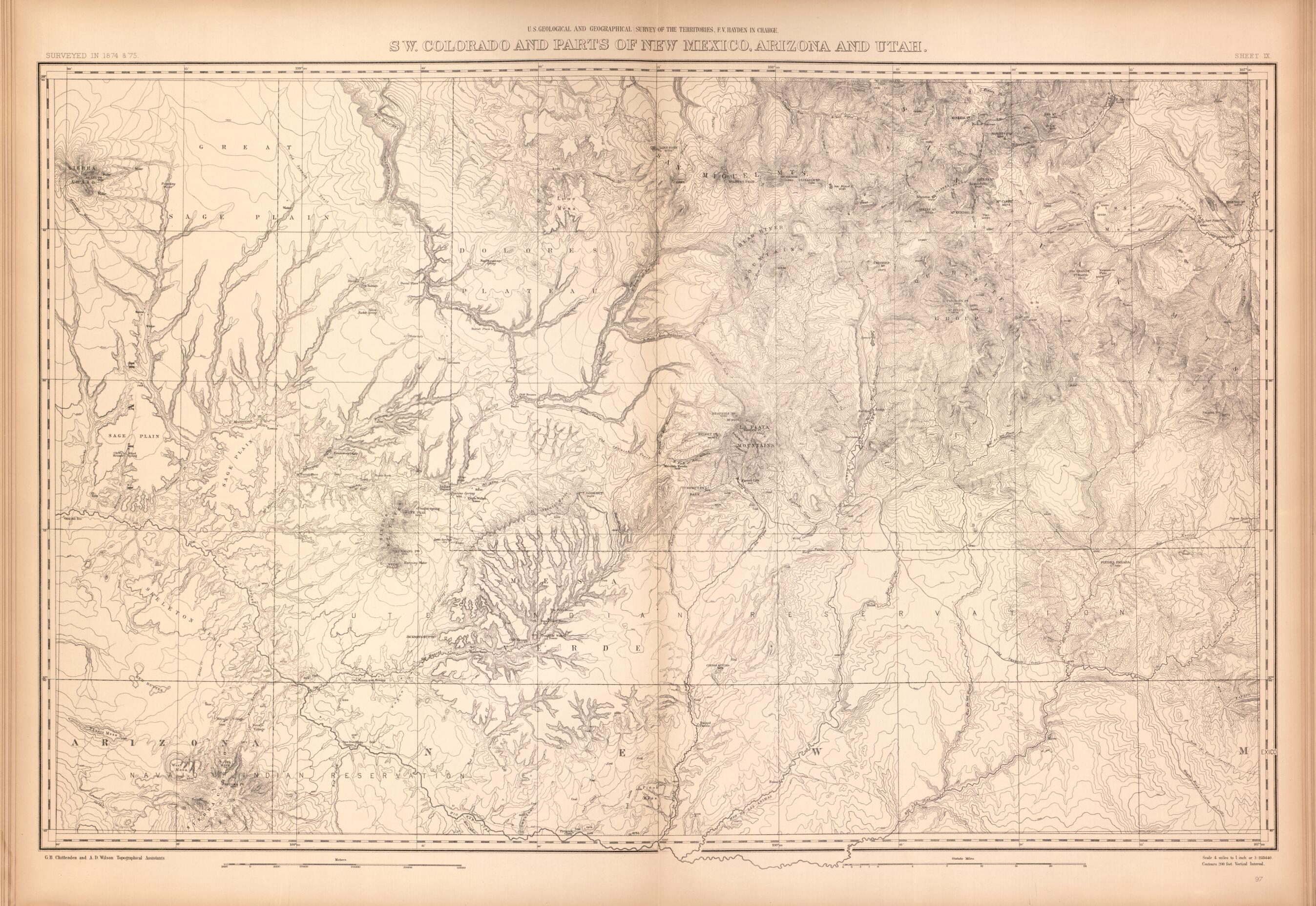 This old map of Sheet IX: SW. Colorado and Parts of New Mexico, Arizona and Utah from Geological and Geographical Atlas of Colorado and Portions of Adjacent Territory, from 1877 was created by F. V. (Ferdinand Vandeveer) Hayden in 1877