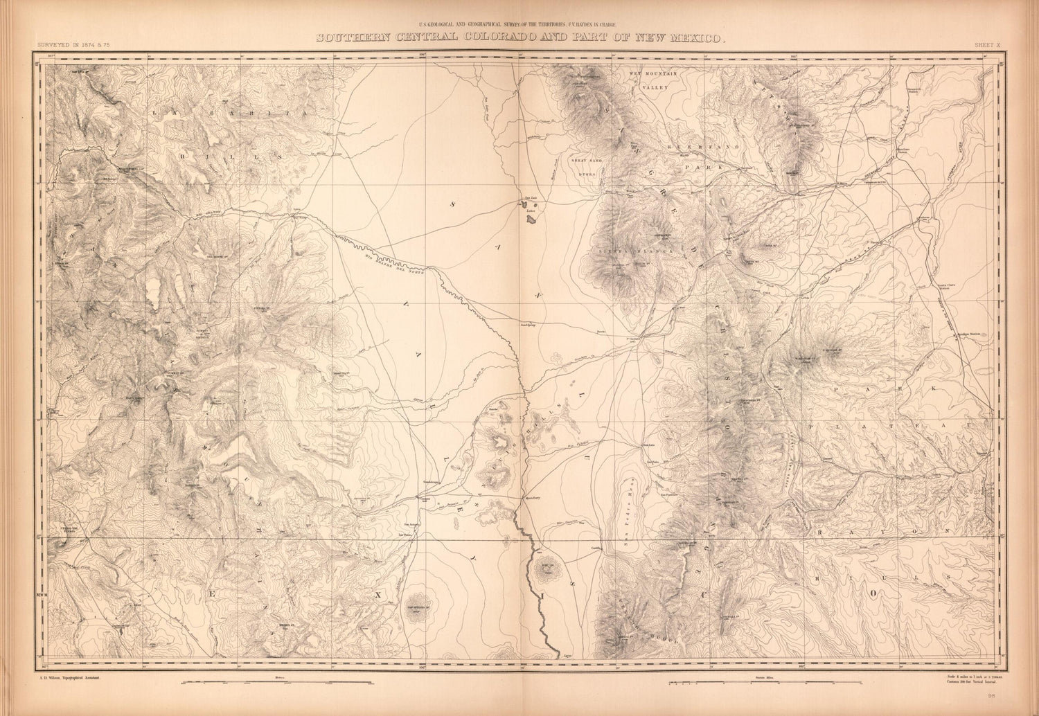 This old map of Sheet X: Southern Central Colorado and Part of New Mexico from Geological and Geographical Atlas of Colorado and Portions of Adjacent Territory, from 1877 was created by F. V. (Ferdinand Vandeveer) Hayden in 1877