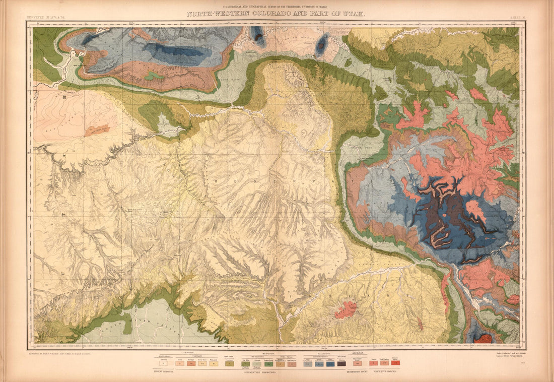 This old map of Sheet XI: North-Western Colorado and Part of Utah from Geological and Geographical Atlas of Colorado and Portions of Adjacent Territory, from 1877 was created by F. V. (Ferdinand Vandeveer) Hayden in 1877