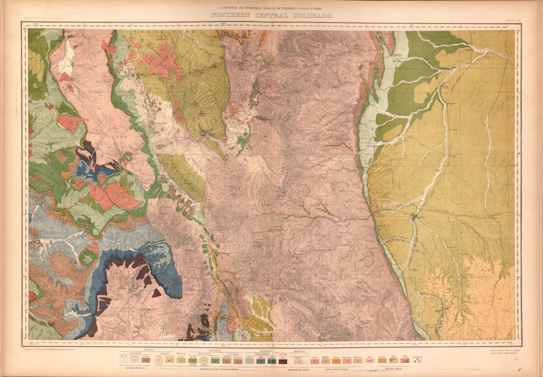 This old map of Sheet XII: Northern Central Colorado from Geological and Geographical Atlas of Colorado and Portions of Adjacent Territory, from 1877 was created by F. V. (Ferdinand Vandeveer) Hayden in 1877