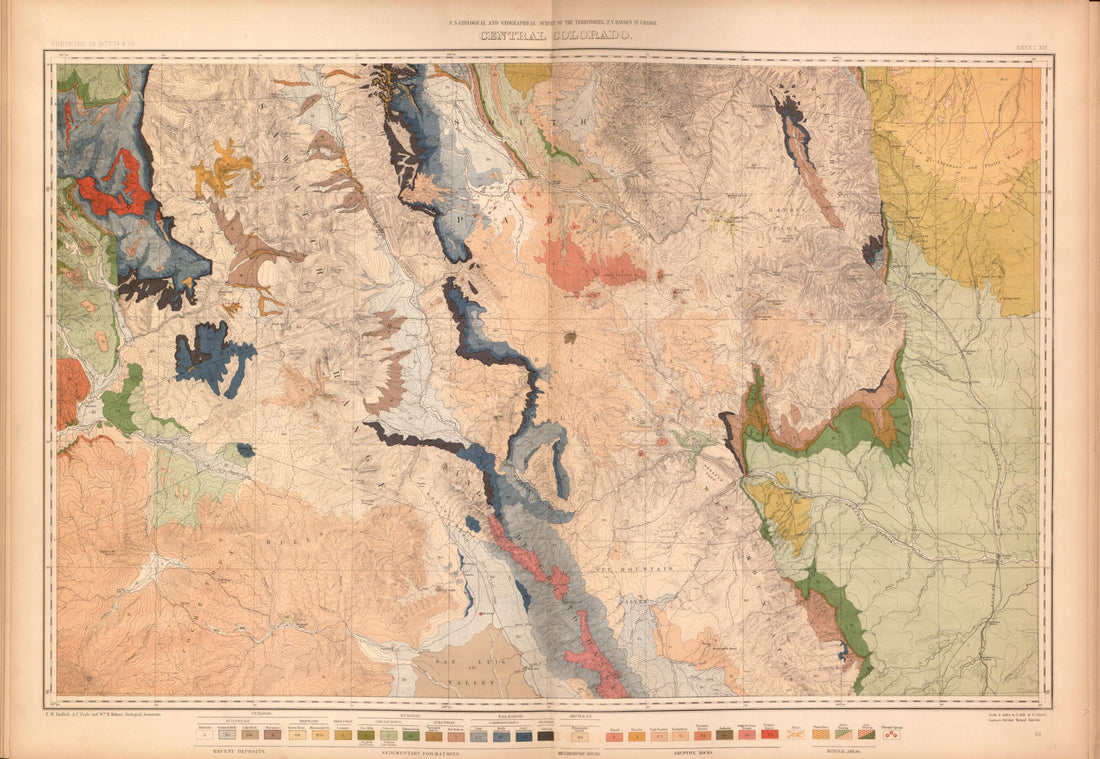 This old map of Sheet XIII: Central Colorado from Geological and Geographical Atlas of Colorado and Portions of Adjacent Territory, from 1877 was created by F. V. (Ferdinand Vandeveer) Hayden in 1877