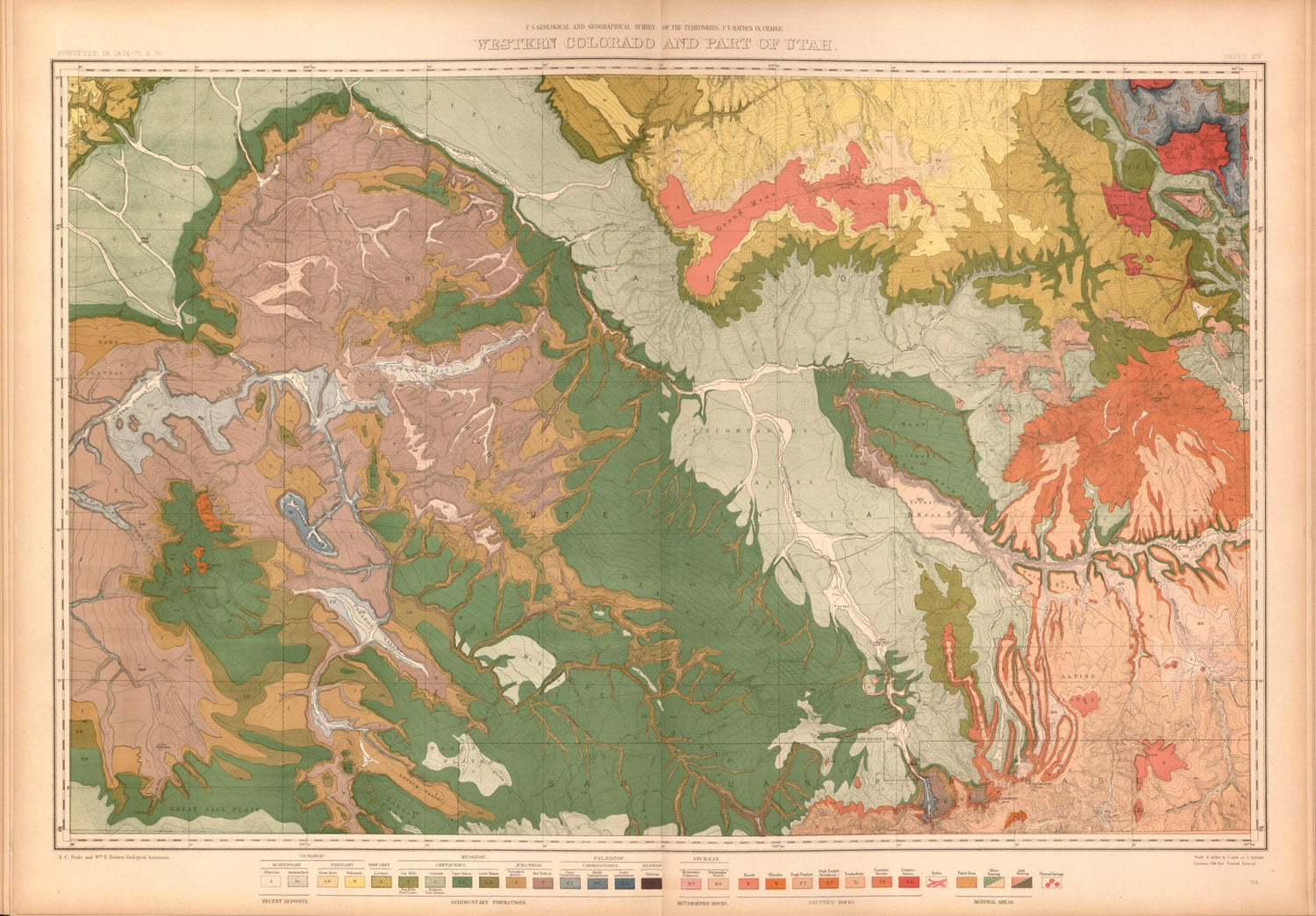 This old map of Sheet XIV: Western Colorado and Part of Utah from Geological and Geographical Atlas of Colorado and Portions of Adjacent Territory, from 1877 was created by F. V. (Ferdinand Vandeveer) Hayden in 1877