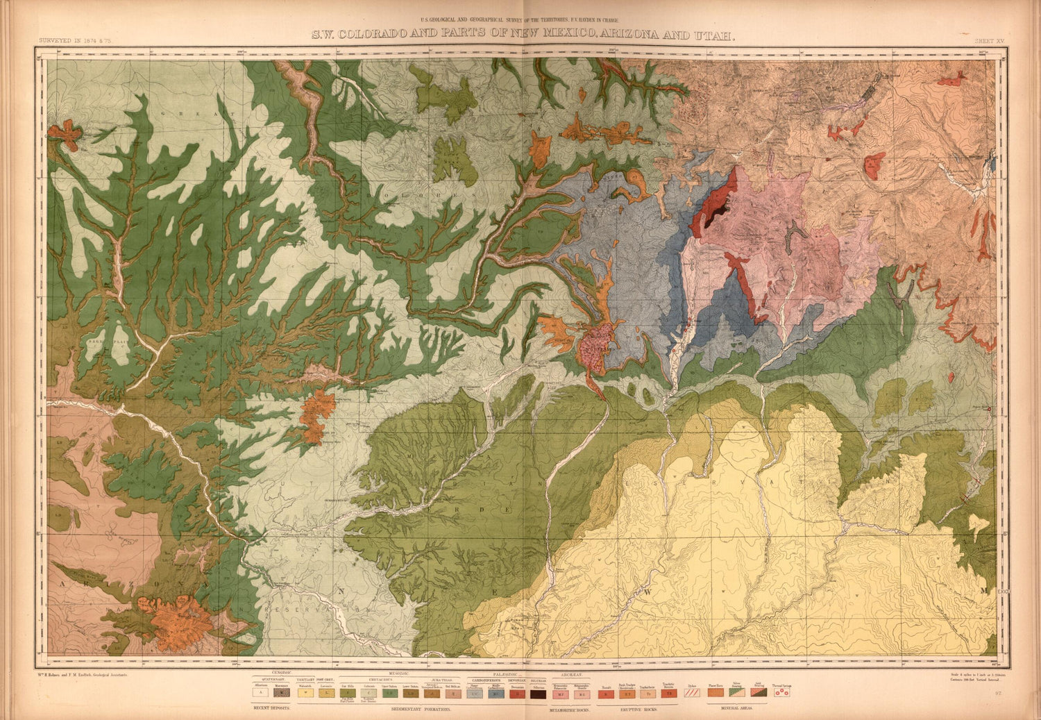 This old map of Sheet XV: SW. Colorado and Parts of New Mexico, Arizona and Utah from Geological and Geographical Atlas of Colorado and Portions of Adjacent Territory, from 1877 was created by F. V. (Ferdinand Vandeveer) Hayden in 1877