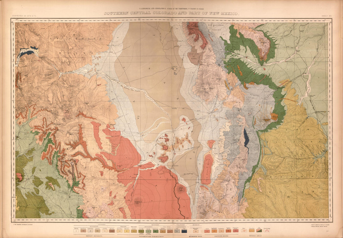 This old map of Sheet XVI: Southern Central Colorado and Part of New Mexico from Geological and Geographical Atlas of Colorado and Portions of Adjacent Territory, from 1877 was created by F. V. (Ferdinand Vandeveer) Hayden in 1877