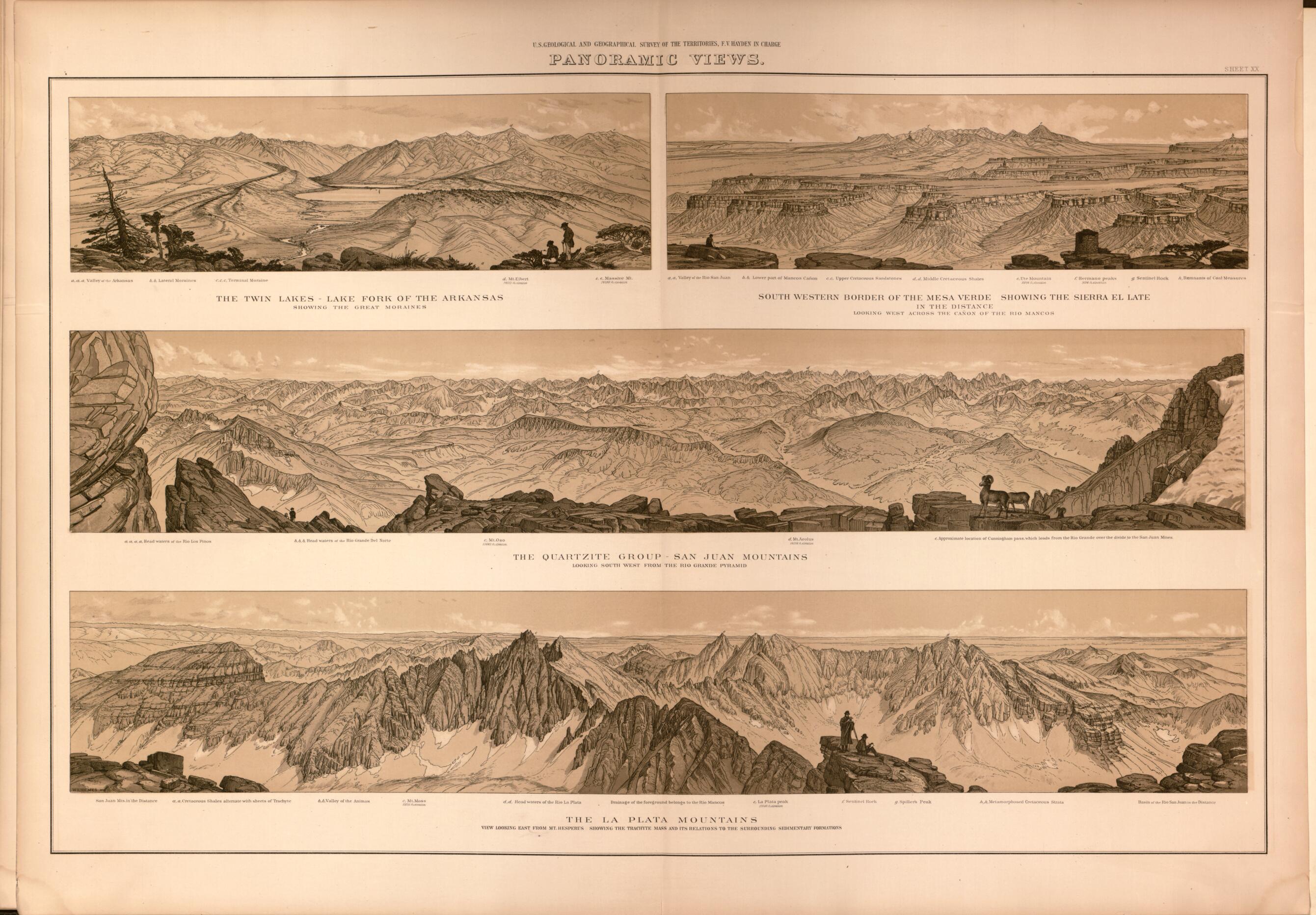 This old map of Sheet XX: Panoramic Views from Geological and Geographical Atlas of Colorado and Portions of Adjacent Territory, from 1877 was created by F. V. (Ferdinand Vandeveer) Hayden in 1877