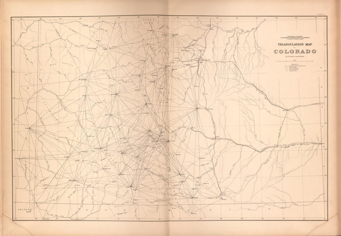 This old map of Sheet I: Triangulation Map of Colorado from Geological and Geographical Atlas of Colorado and Portions of Adjacent Territory, from 1877 was created by F. V. (Ferdinand Vandeveer) Hayden in 1877