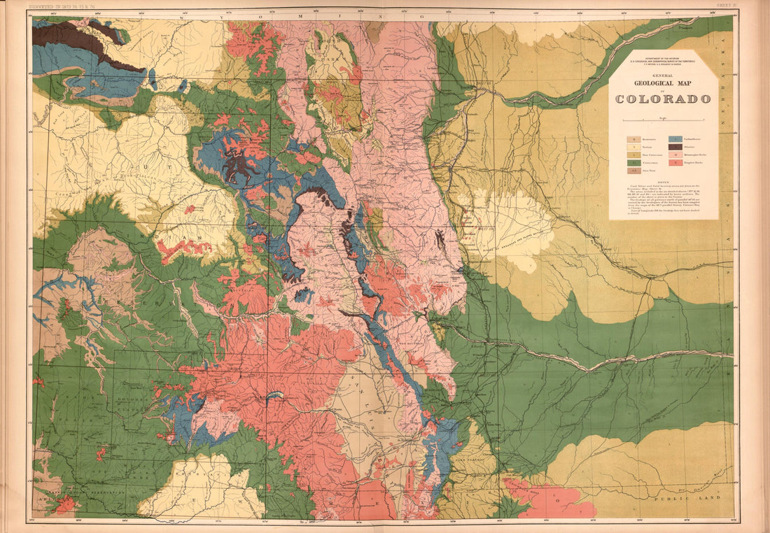 This old map of Sheet IV: Geological Map of Colorado from Geological and Geographical Atlas of Colorado and Portions of Adjacent Territory, from 1877 was created by F. V. (Ferdinand Vandeveer) Hayden in 1877