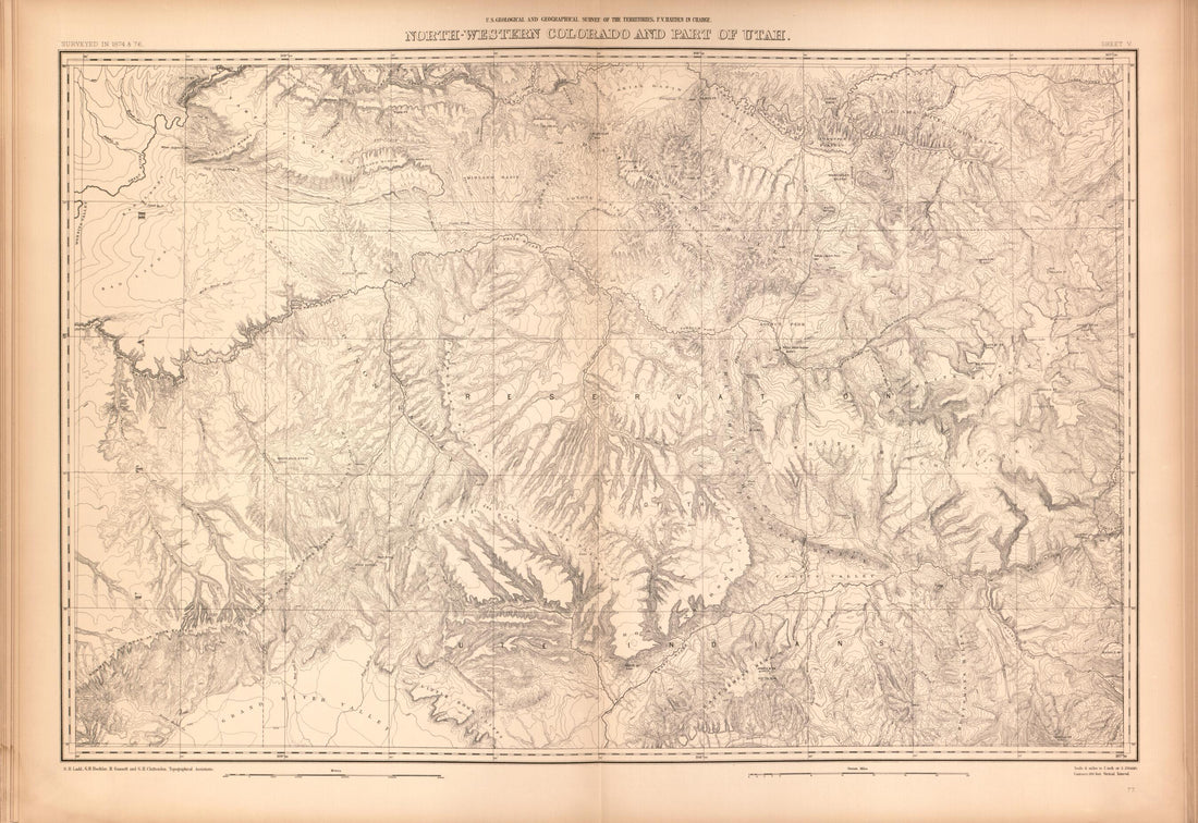 This old map of Sheet V: North-Western Colorado and Part of Utah from Geological and Geographical Atlas of Colorado and Portions of Adjacent Territory, from 1877 was created by F. V. (Ferdinand Vandeveer) Hayden in 1877