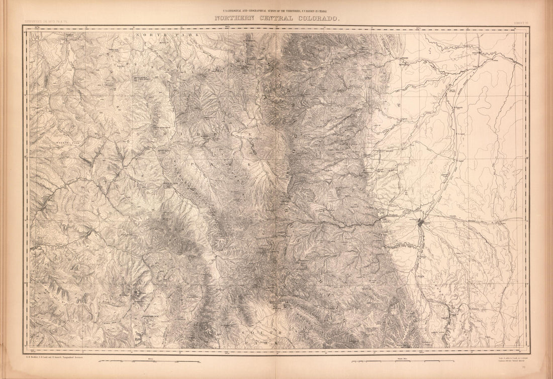 This old map of Sheet VI: Northern Central Colorado from Geological and Geographical Atlas of Colorado and Portions of Adjacent Territory, from 1877 was created by F. V. (Ferdinand Vandeveer) Hayden in 1877