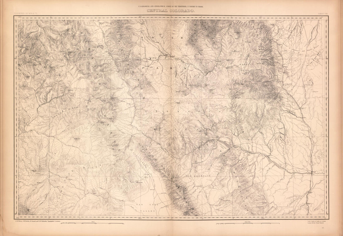 This old map of Sheet VII: Central Colorado from Geological and Geographical Atlas of Colorado and Portions of Adjacent Territory, from 1877 was created by F. V. (Ferdinand Vandeveer) Hayden in 1877