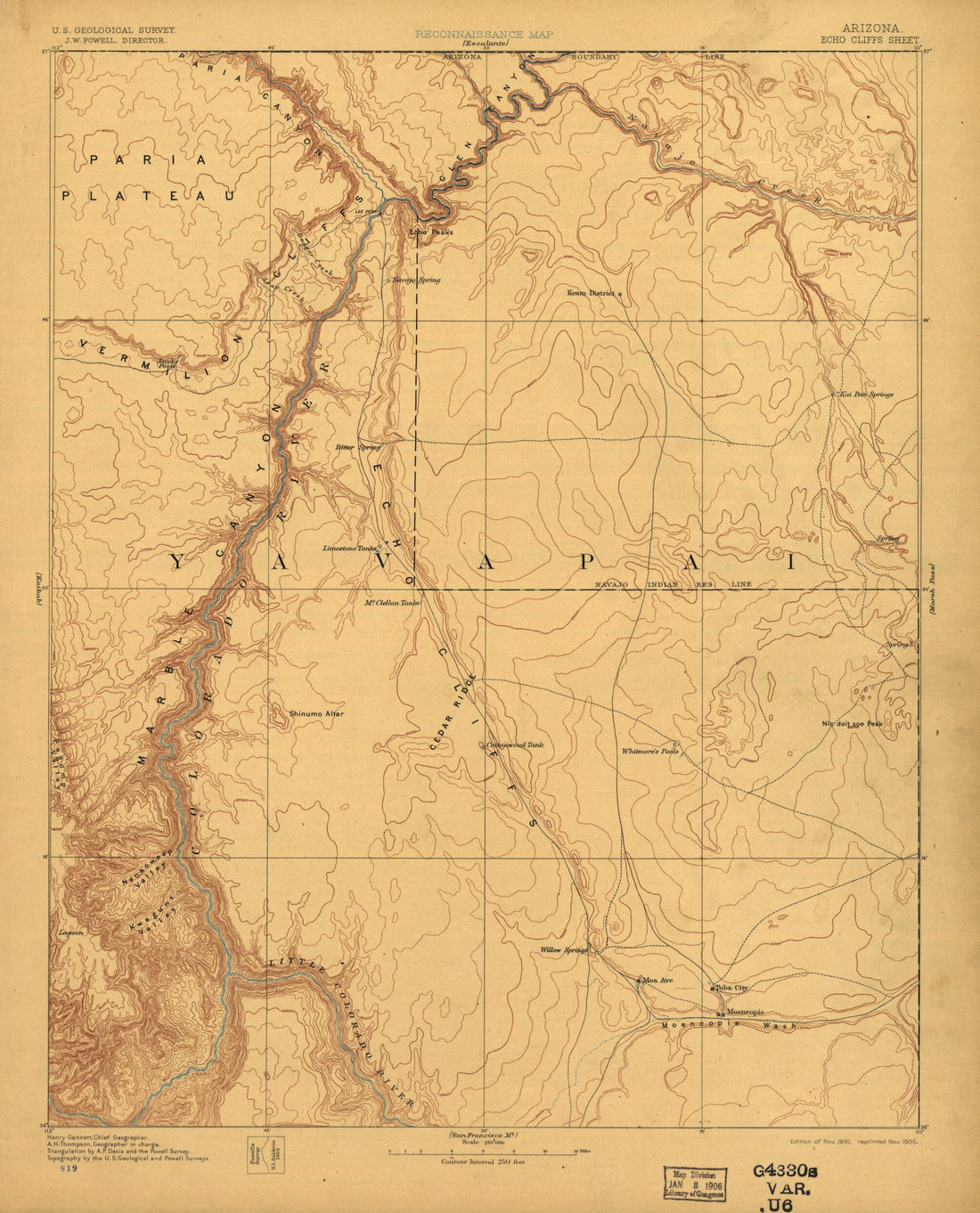 This old map of Scale 1:250,000. (1905) - Echo Cliffs from Arizona. from 1891 was created by  Geological Survey (U.S.) in 1891