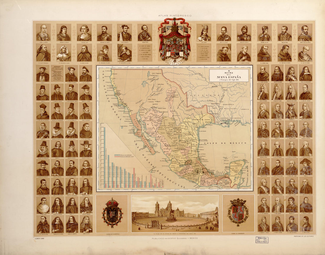 This old map of Reign of New Spain Surrounding a Map of Mexico from Atlas Pintoresco é Histórico De Los Estados Unidos Mexicanos. from 1885 was created by Antonio García Cubas in 1885
