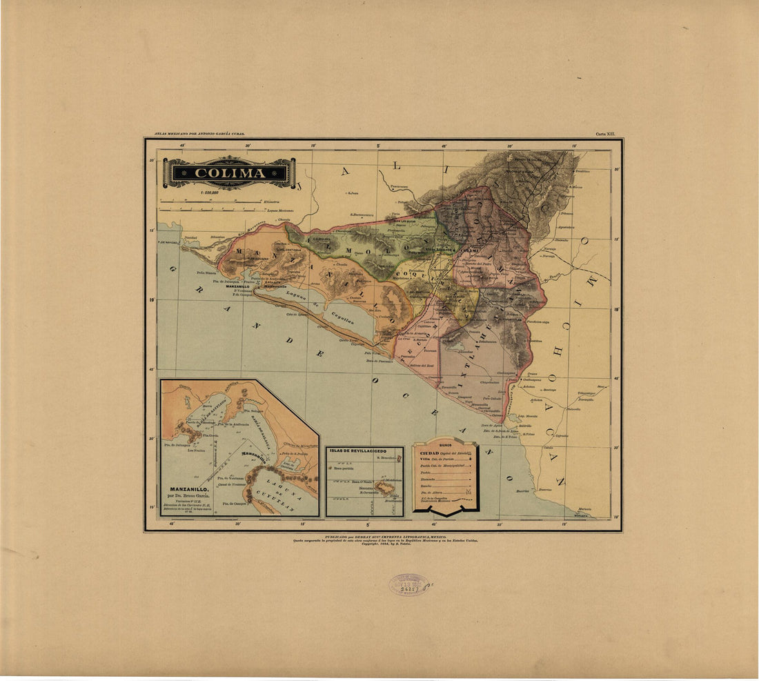 This old map of Colima from Atlas Mexicano. from 1884 was created by Antonio García Cubas in 1884