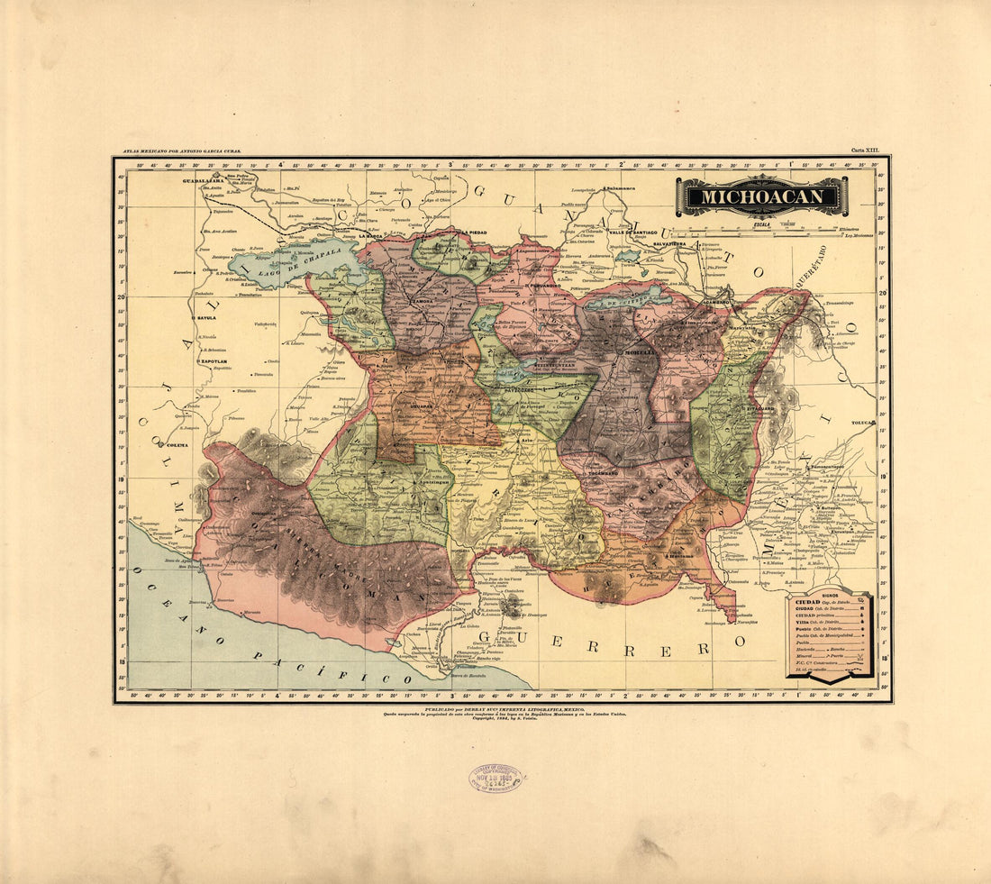 This old map of Michoacan from Atlas Mexicano. from 1884 was created by Antonio García Cubas in 1884