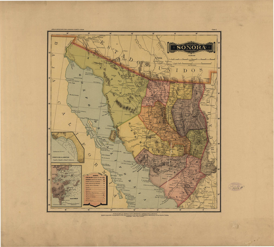 This old map of Sonora from Atlas Mexicano. from 1884 was created by Antonio García Cubas in 1884
