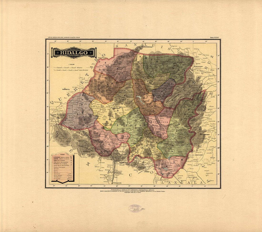 This old map of Hidalgo from Atlas Mexicano. from 1884 was created by Antonio García Cubas in 1884
