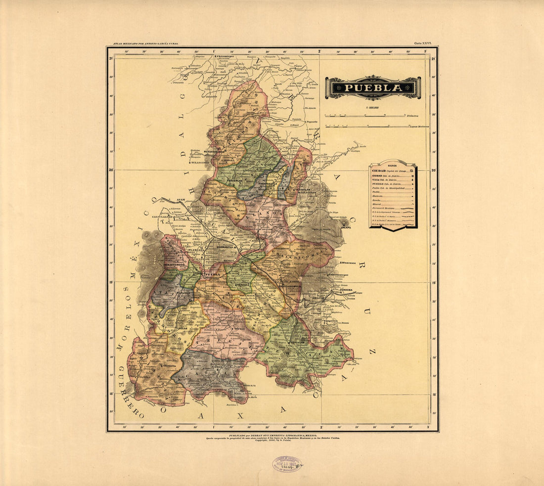 This old map of Puebla from Atlas Mexicano. from 1884 was created by Antonio García Cubas in 1884