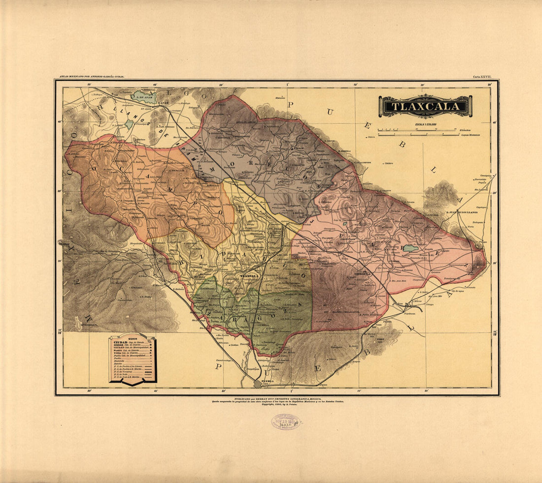 This old map of Tlaxcala from Atlas Mexicano. from 1884 was created by Antonio García Cubas in 1884