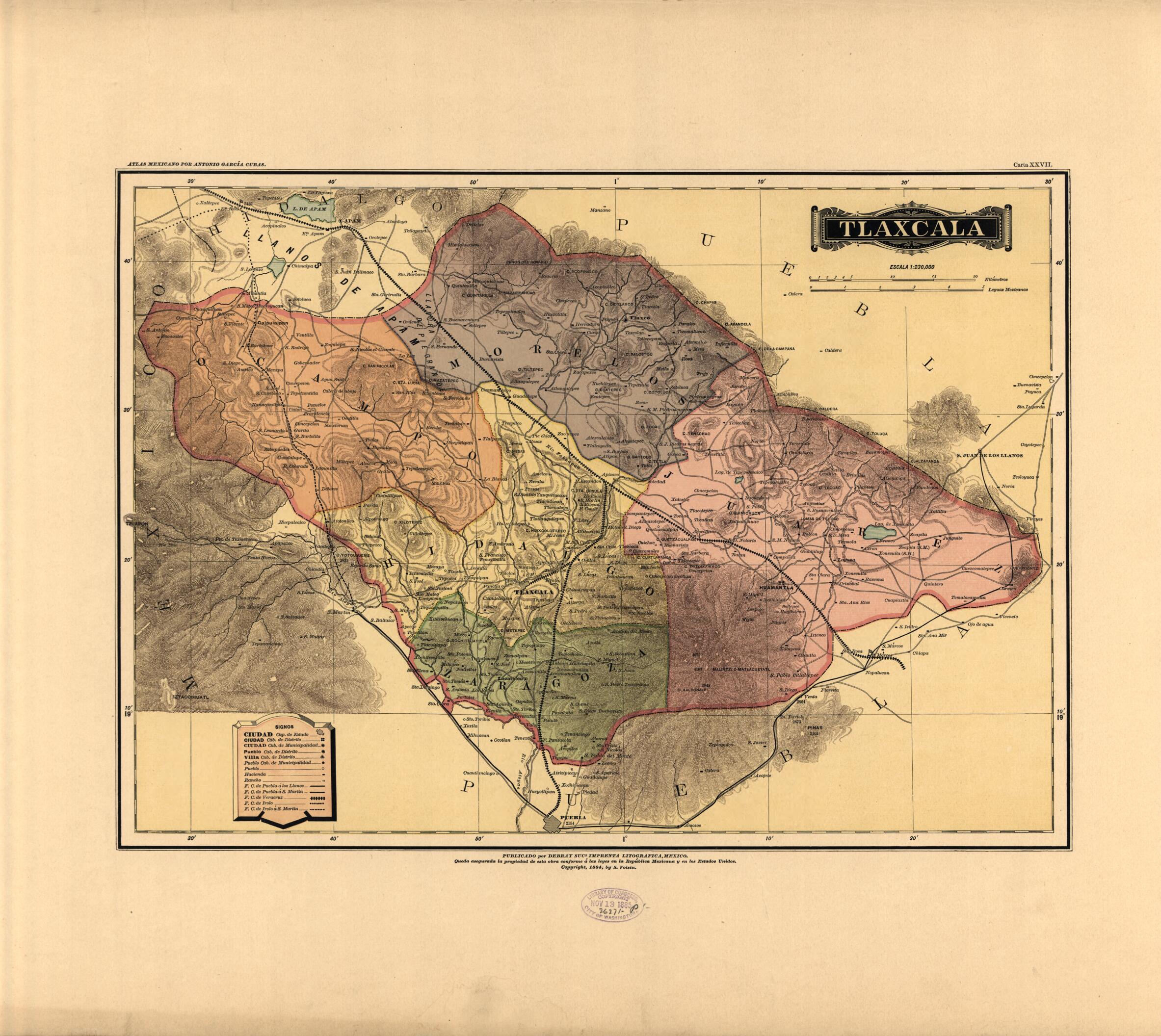 This old map of Tlaxcala from Atlas Mexicano. from 1884 was created by Antonio García Cubas in 1884