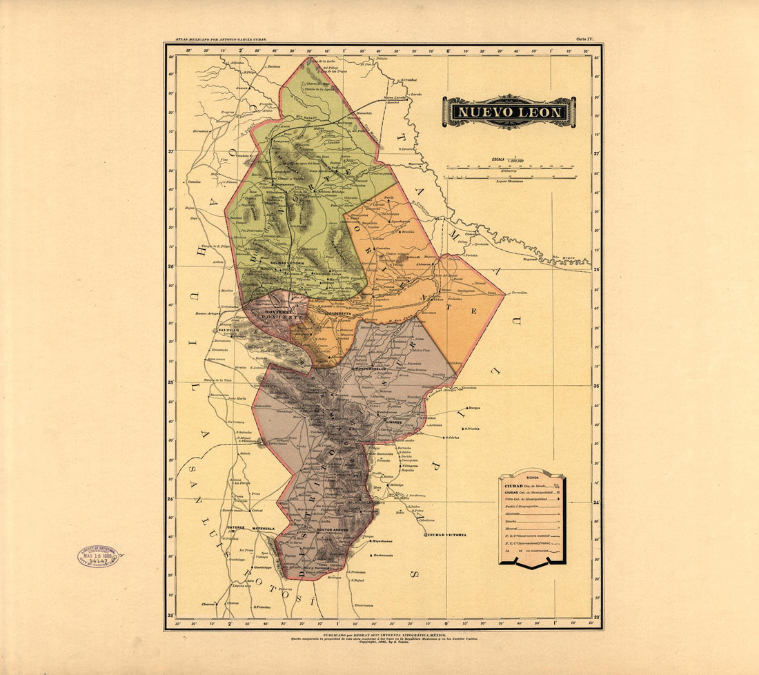 This old map of Nuevo Leon from Atlas Mexicano. from 1884 was created by Antonio García Cubas in 1884