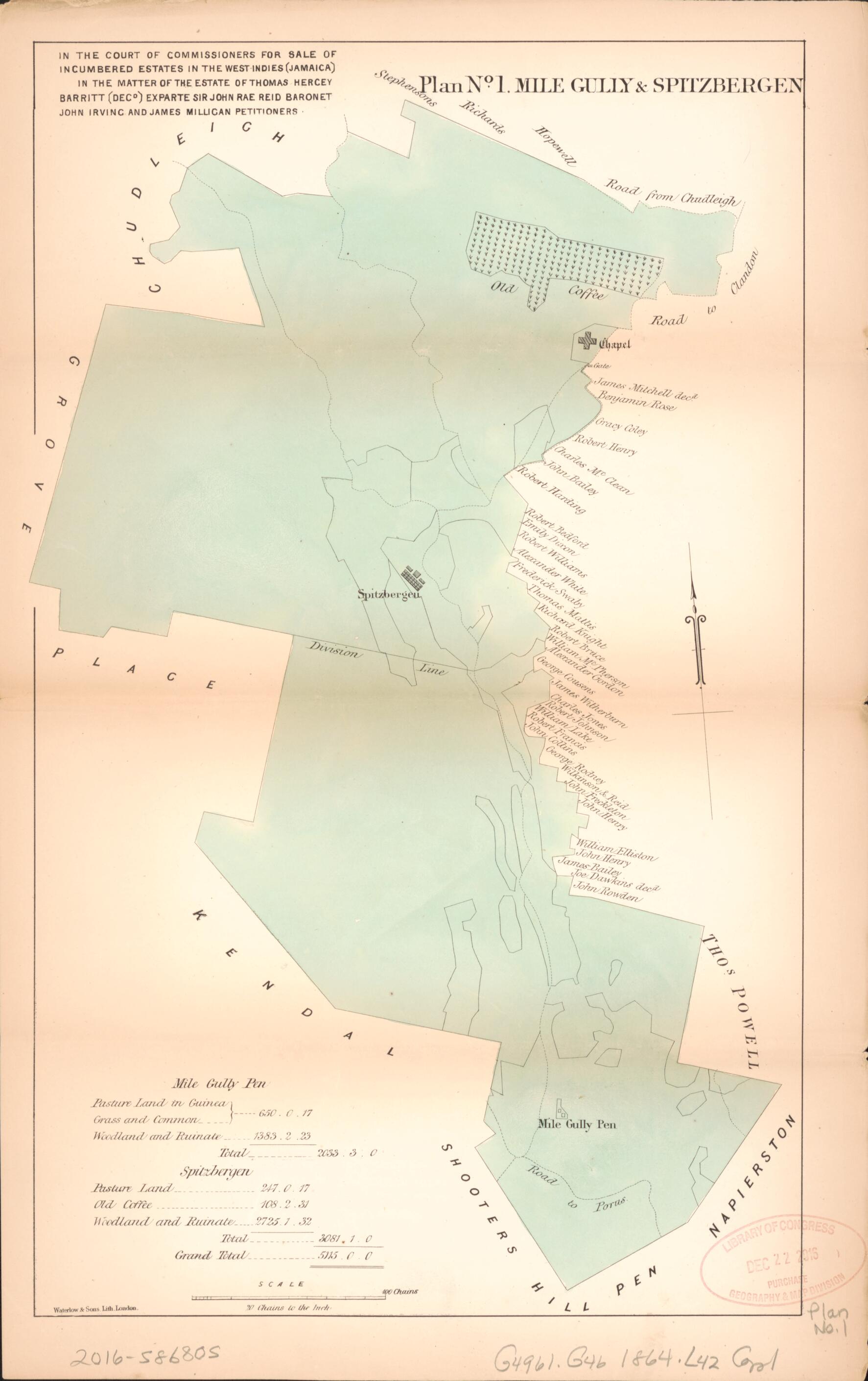This old map of Plan No. 1. Mile Gully and Spitzbergen from Encumbered Estates In the West Indies (Jamaica) from 1864 was created by Henry James Stonor in 1864